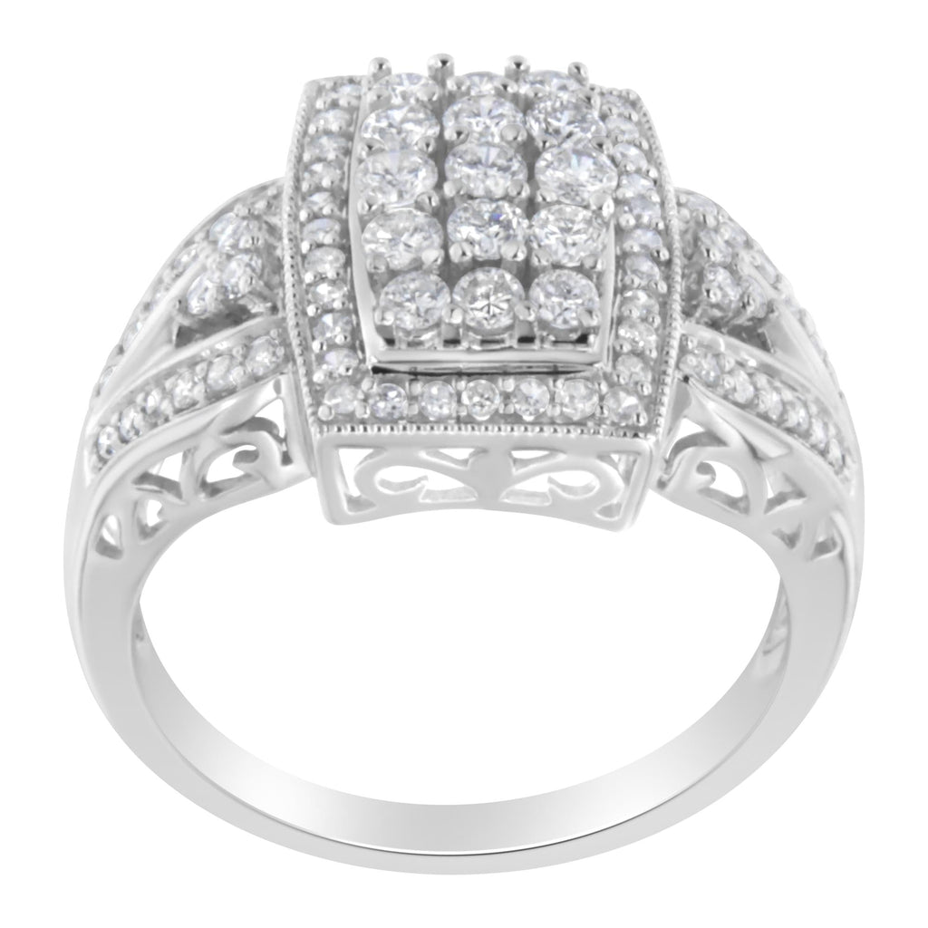 10K White Gold 1.0 Cttw Diamond Rectangular Cushion Shaped Cluster Halo Flared Band Cocktail Fashion Ring (H-I Color, SI2-I1 Clarity) - Friggin Jewelry Premium