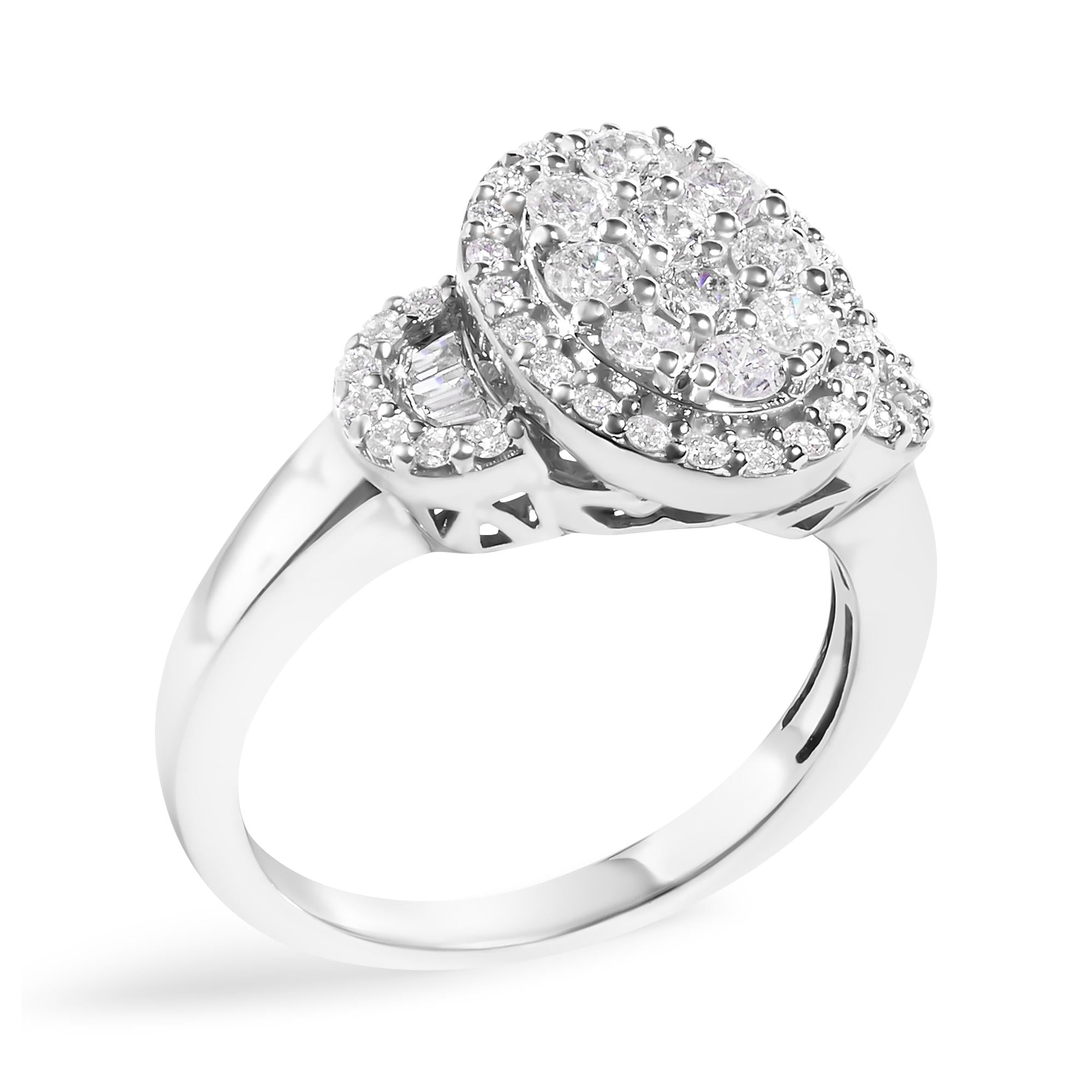 10K White Gold 1.0 Cttw Diamond Oval Cluster with Halo Vintage-Inspired Art Deco 3 Stone Style Statement Ring (G-H Color, SI1-SI2 Clarity) - Friggin Jewelry