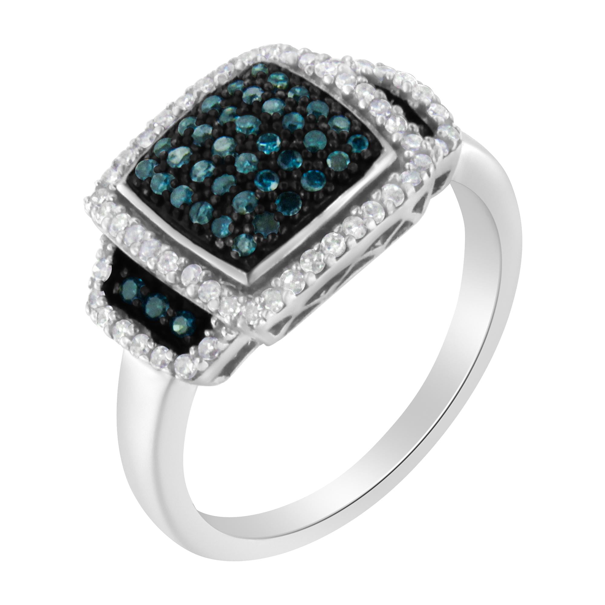Black Rhodium Plated .925 Sterling Silver 1/2 Cttw White & Blue Diamond Square Halo Cocktail Ring (Fancy Blue & H-I Color, I2-I3 Clarity) - Friggin Jewelry