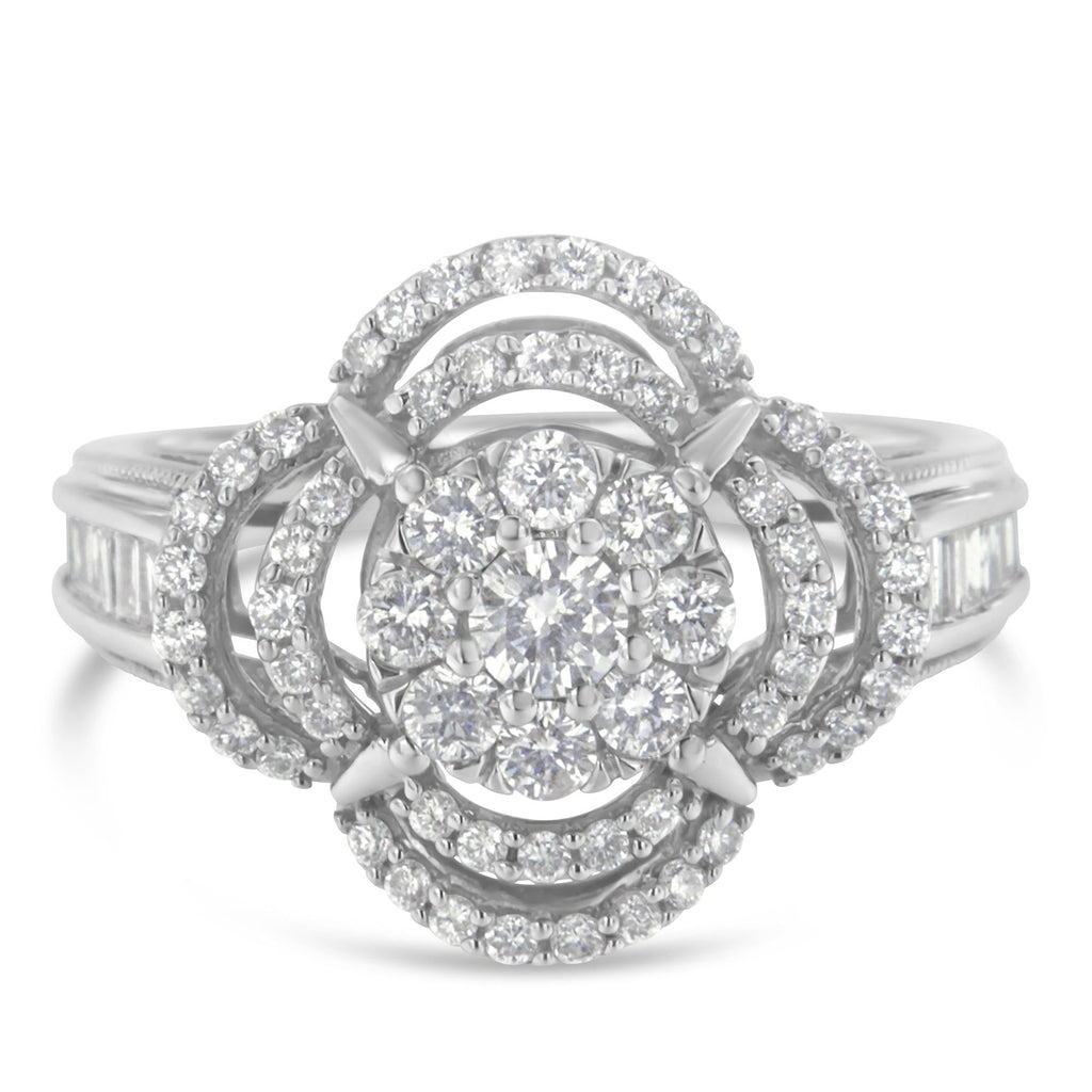14K White Gold 1.0 Cttw Round & Baguette Cut Diamond Floral Cluster Quatrefoil Channel Set Band Cocktail Statement Ring (H-I Color, SI2-I1 Clarity) - Friggin Jewelry