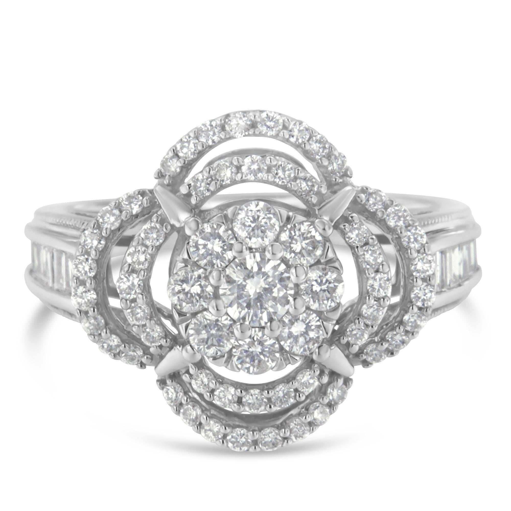 14K White Gold 1.0 Cttw Round & Baguette Cut Diamond Floral Cluster Quatrefoil Channel Set Band Cocktail Statement Ring (H-I Color, SI2-I1 Clarity) - Friggin Jewelry