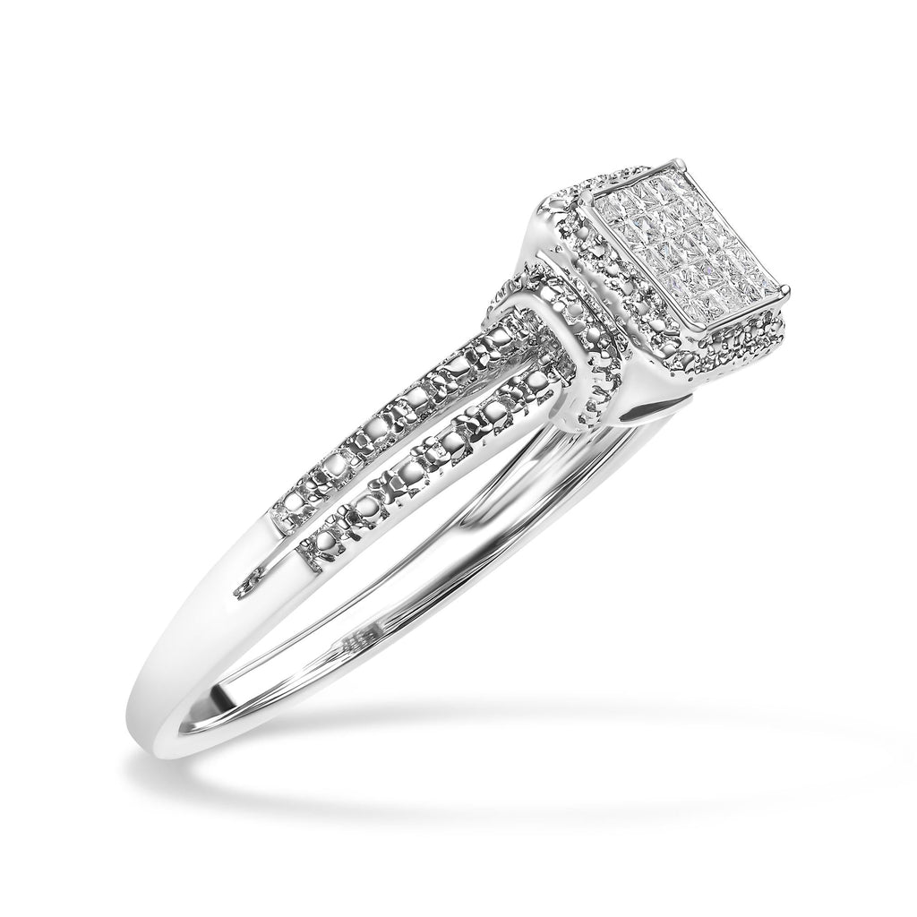 Anello in argento sterling 925 con diamanti taglio principessa da 1/4 carati e alone di perline (colore HI, purezza SI1-SI2) - Friggin Jewelry