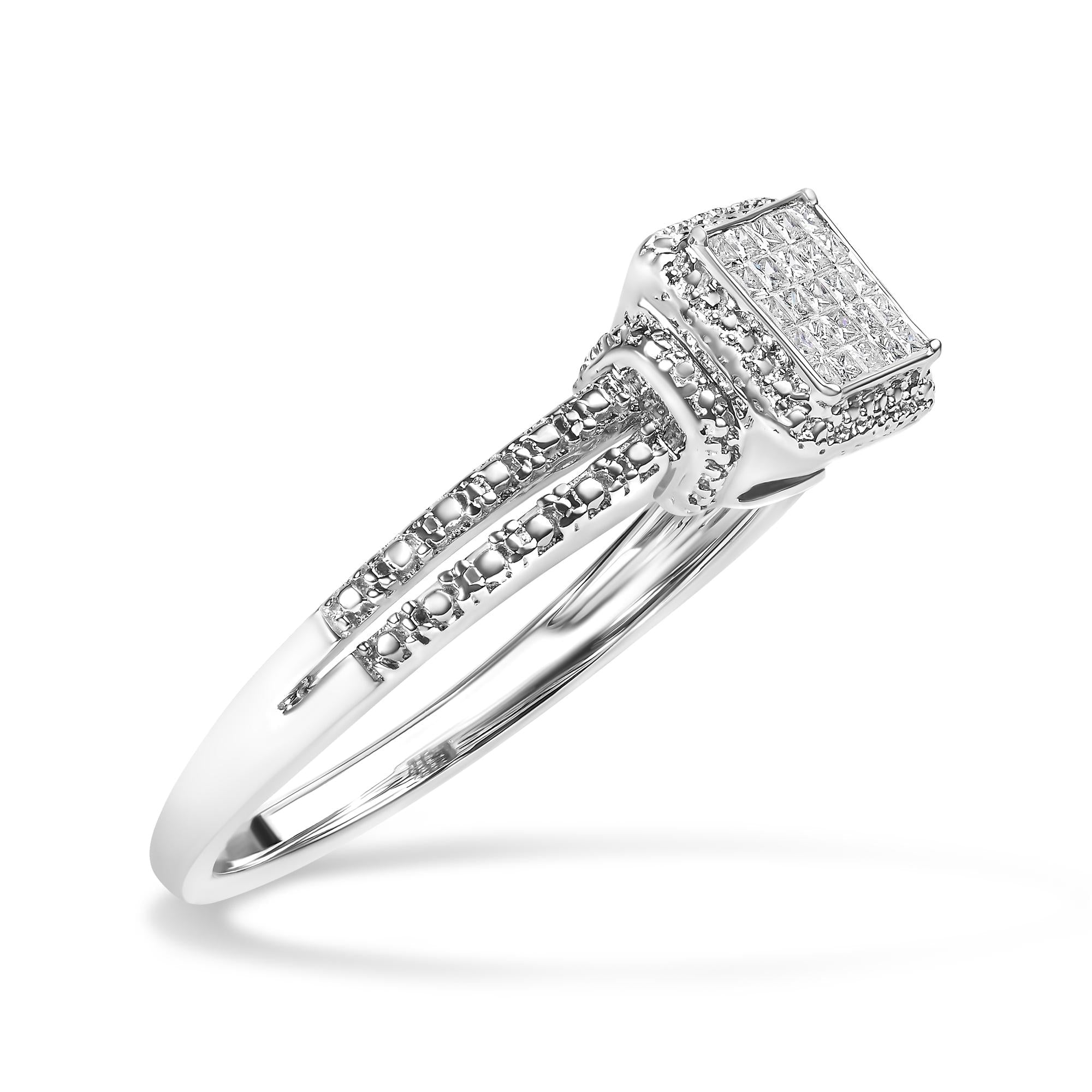 Anillo compuesto de diamantes de talla princesa de 1/4 ct en plata de ley 925 con halo de cuentas (color HI, claridad SI1-SI2) - Friggin Jewelry