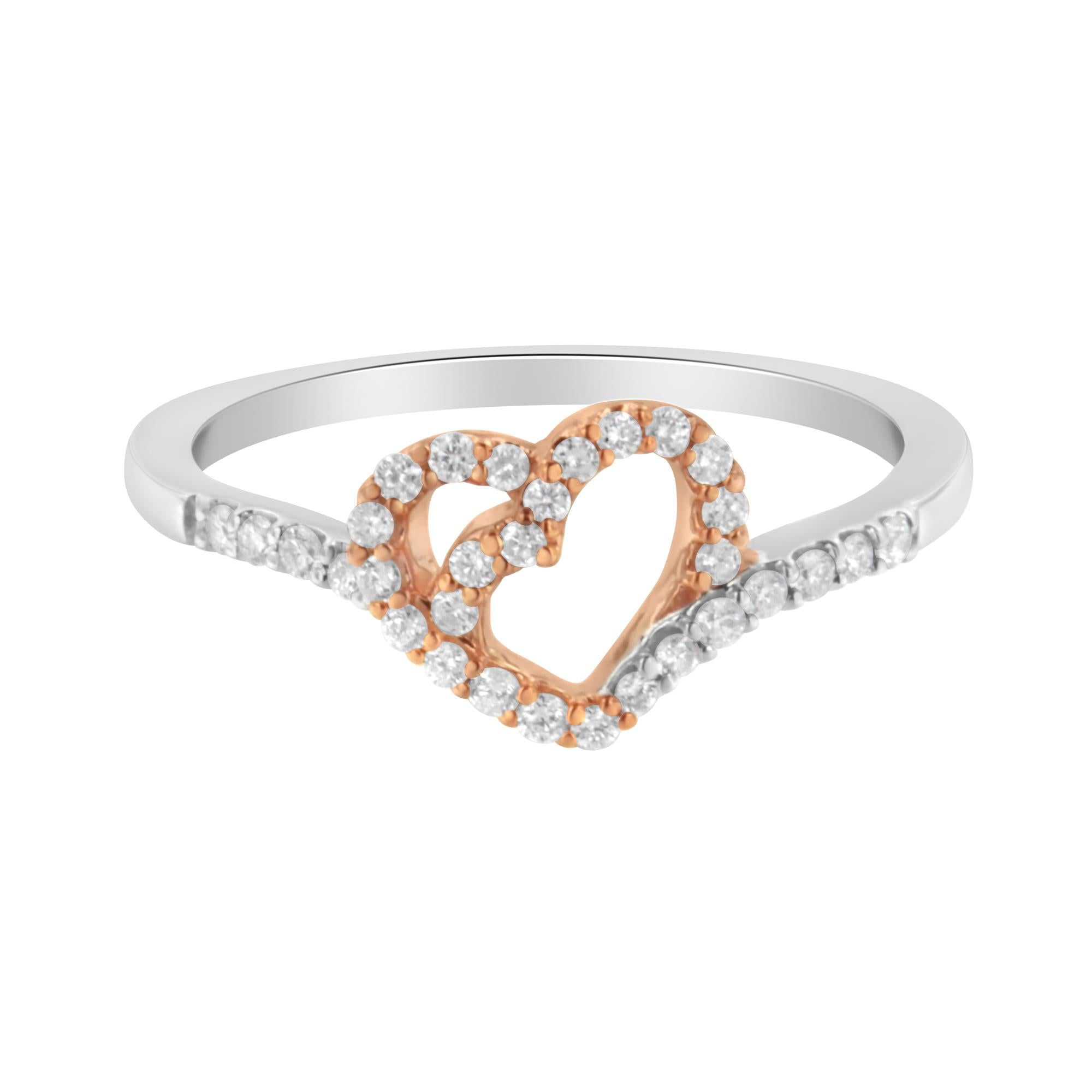 10K Rose Gold over .925 Sterling Silver 1/5 Cttw Diamond Two Tone Open Heart Promise or Fashion Ring (I-J Color, I2-I3 Clarity) - Friggin Jewelry