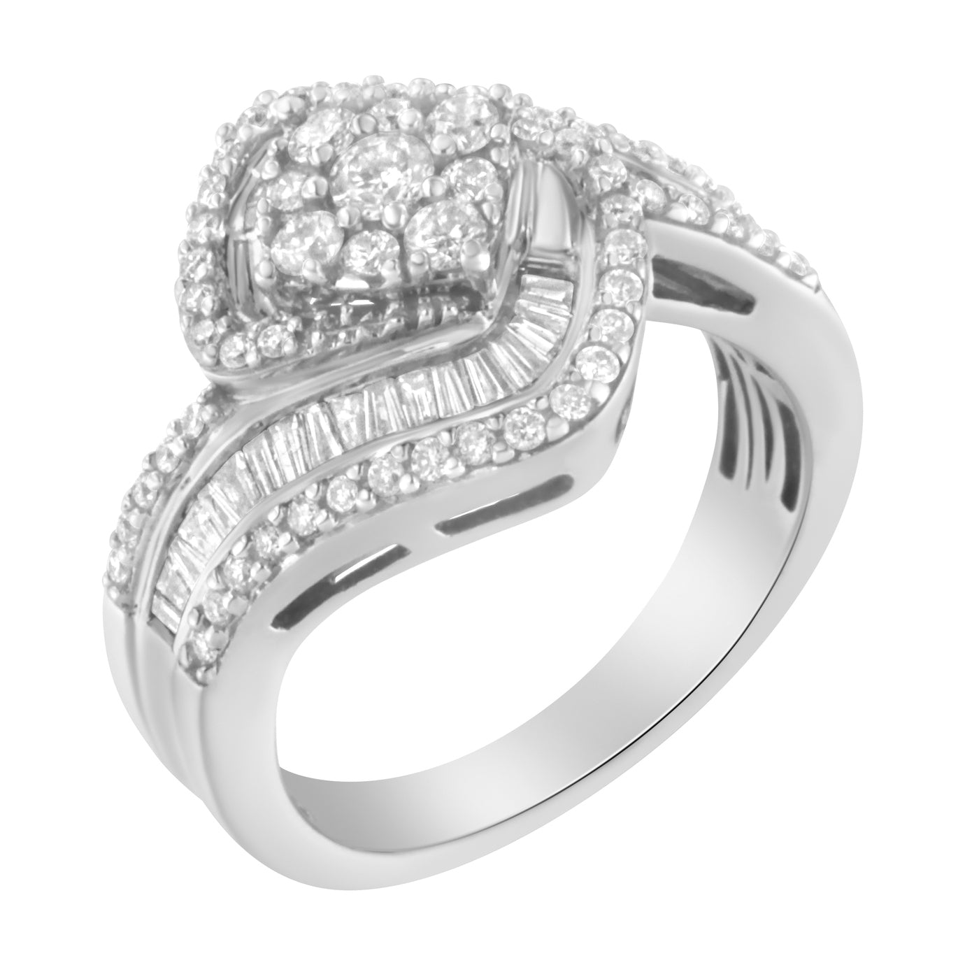 14K White Gold 1.0 Cttw Baguette & Brilliant-Cut Diamond Round Floral Cluster Engagement or Fashion Ring with Swirl Wrapped Triple Row Band (H-I Color, SI2-I1 Clarity) - Friggin Jewelry