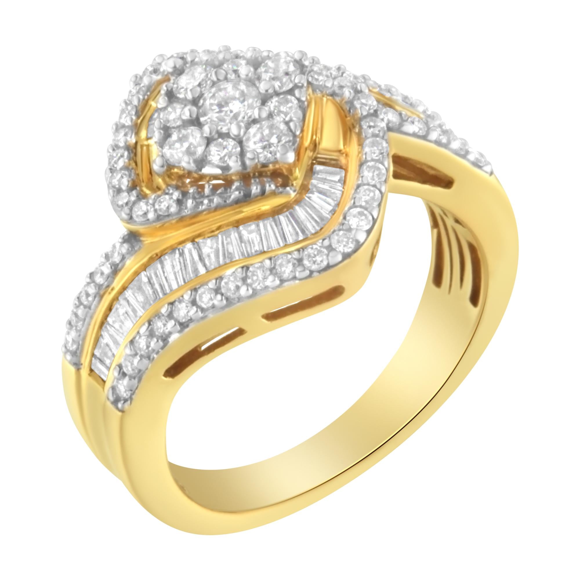 14K Yellow Gold 1.0 Cttw Baguette & Brilliant-Cut Diamond Round Floral Cluster Engagement or Fashion Ring with Swirl Wrapped Triple Row Band (H-I Color, SI2-I1 Clarity) - Friggin Jewelry