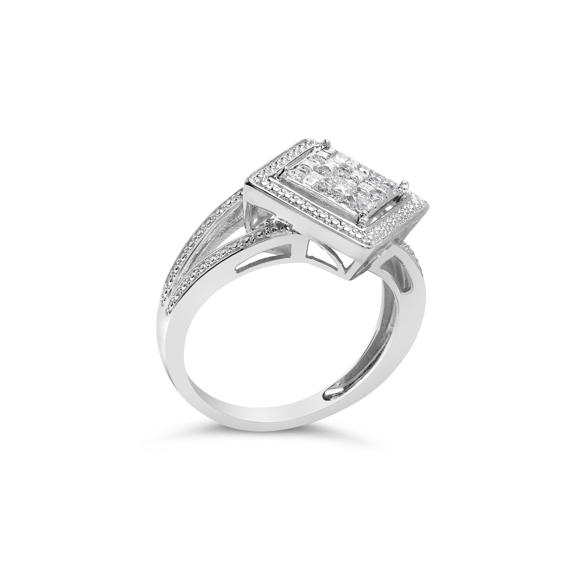 Anillo de plata de ley 925 con halo de cuentas y rombos de diamantes de talla princesa de 1/3 ct (color HI, claridad SI1-SI2) - Friggin Jewelry