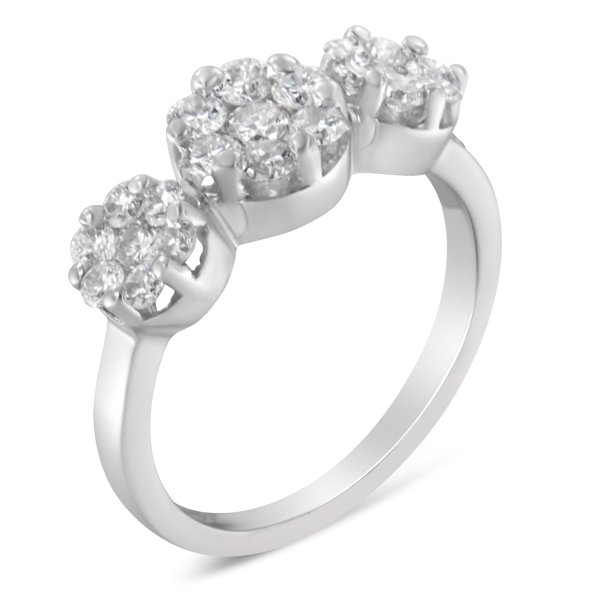 14K White Gold 1-1/4 Cttw Brilliant Cut Diamond Three Round Floral Clusters Engagement or Fashion Ring (H-I Color, SI2-I1 Clarity) - Friggin Jewelry
