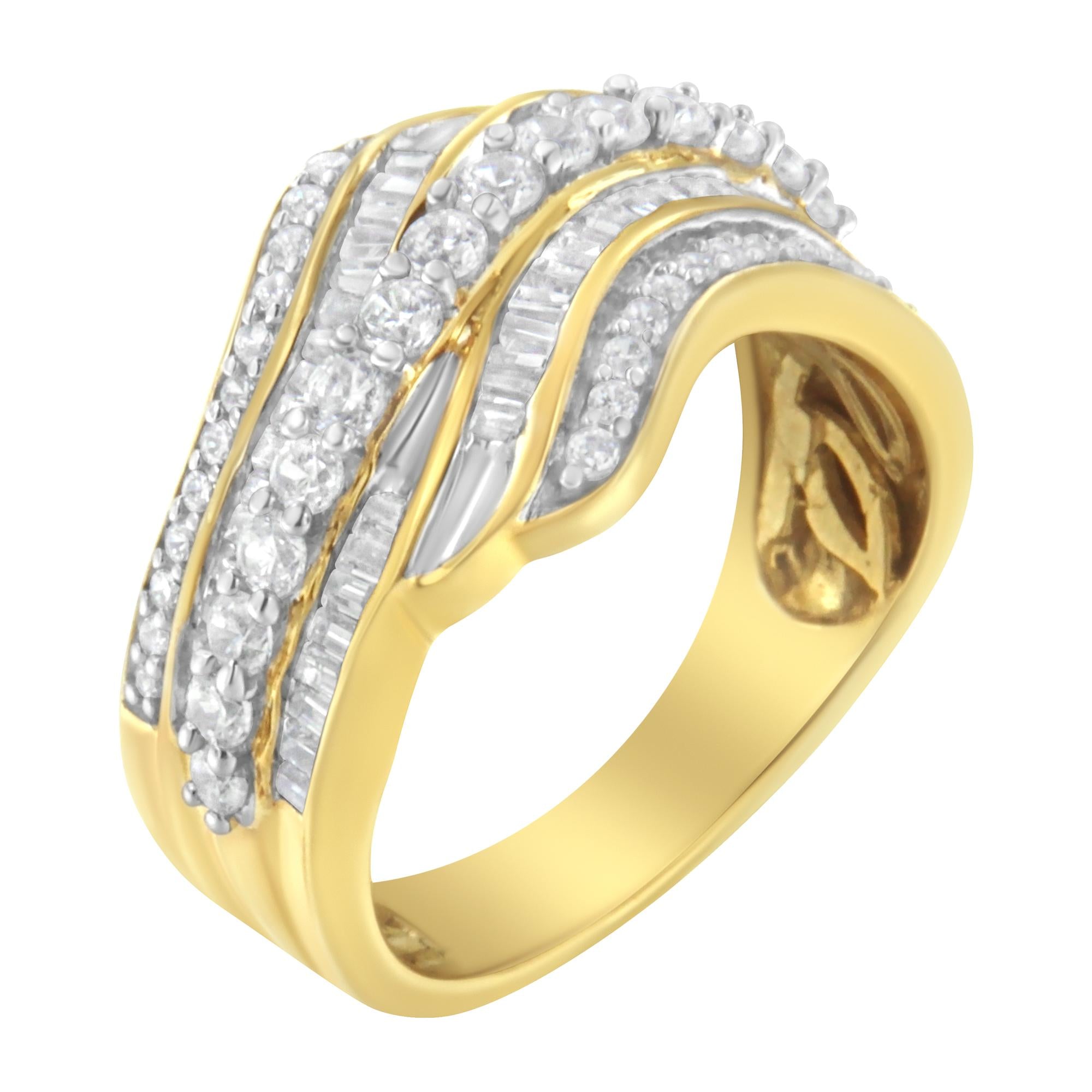 Anillo de oro amarillo de 10 quilates con diamantes baguette y redondos de 1,0 quilates, con varias hileras de ondas (color IJ, claridad I1-I2) - Friggin Jewelry