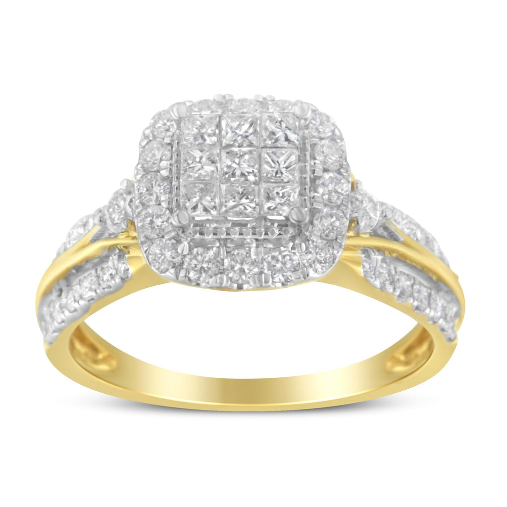 Anello di fidanzamento a 3 fasce con alone a forma di cuscino in oro giallo 10 carati con diamanti compositi da 1,0 ct (colore HI, purezza SI1-SI2) - Friggin Jewelry