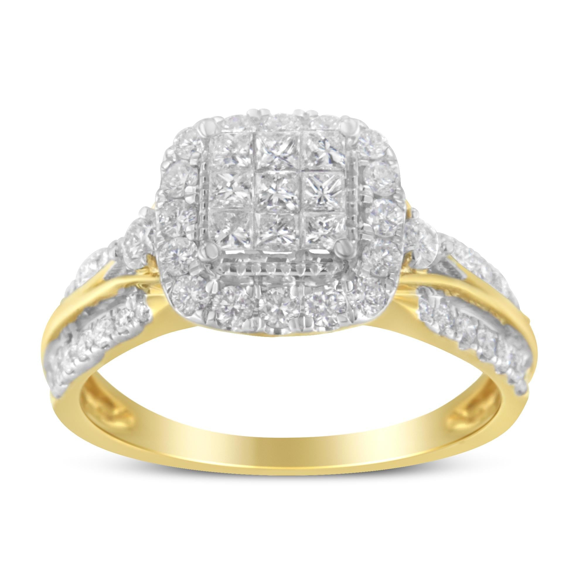 Anello di fidanzamento a 3 fasce con alone a forma di cuscino in oro giallo 10 carati con diamanti compositi da 1,0 ct (colore HI, purezza SI1-SI2) - Friggin Jewelry