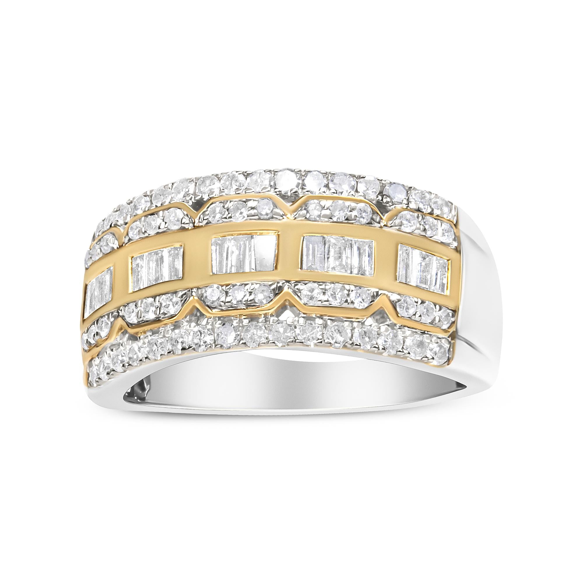 Anillo Art Déco de varias filas de diamantes de talla baguette y redonda de 1,00 ct en oro blanco y amarillo de 10 quilates (color IJ, claridad I1-I2) - Friggin Jewelry
