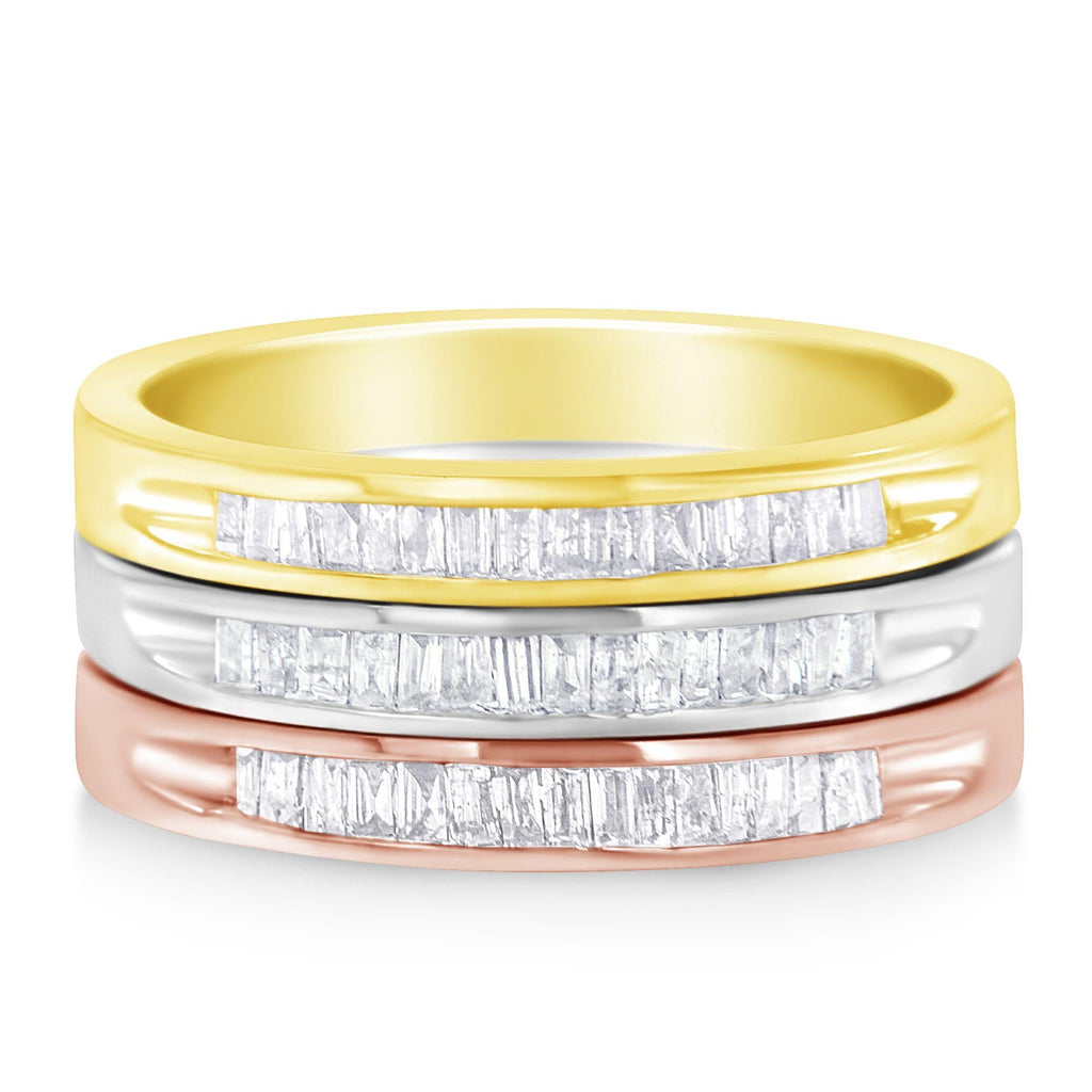 10K Yellow, White and Rose Gold over .925 Sterling Silver 5/8 Cttw Diamond Channel-Set Stackable Band Ring Set (H-I Color, I1-I2 Clarity) - Friggin Jewelry