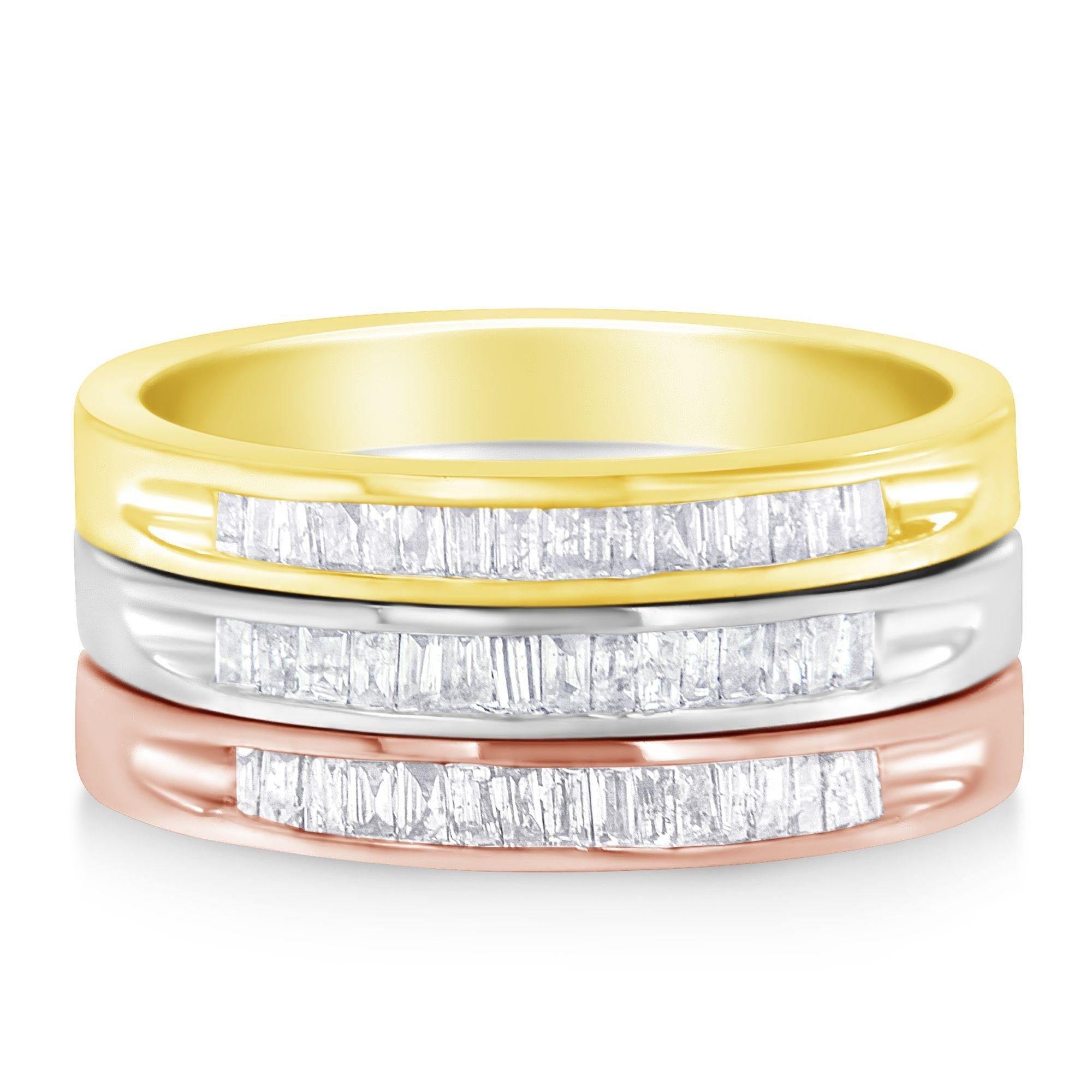 10K Yellow, White and Rose Gold over .925 Sterling Silver 5/8 Cttw Diamond Channel-Set Stackable Band Ring Set (H-I Color, I1-I2 Clarity) - Friggin Jewelry