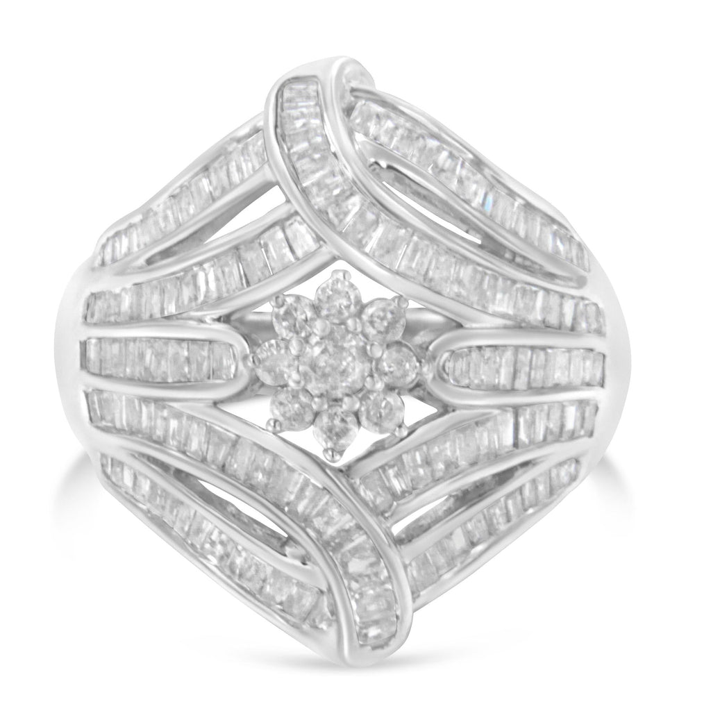 .925 Sterling Silver 1-1/8 Cttw Round & Baguette Diamond 'Flower & Fern' Cluster Cocktail Fashion Ring (I-J Color, I2-I3 Clarity) - Friggin Jewelry