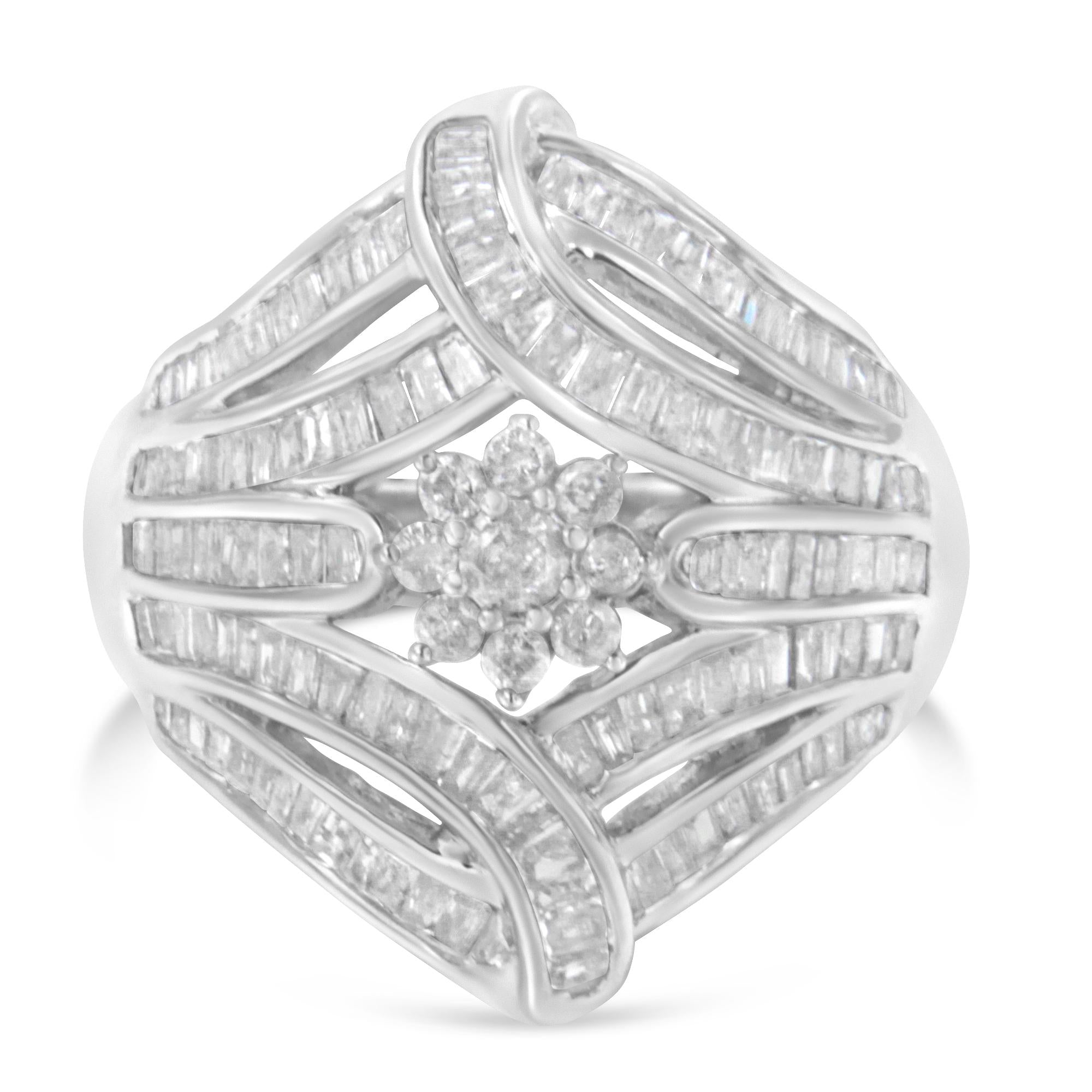 .925 Sterling Silver 1-1/8 Cttw Round & Baguette Diamond 'Flower & Fern' Cluster Cocktail Fashion Ring (I-J Color, I2-I3 Clarity) - Friggin Jewelry
