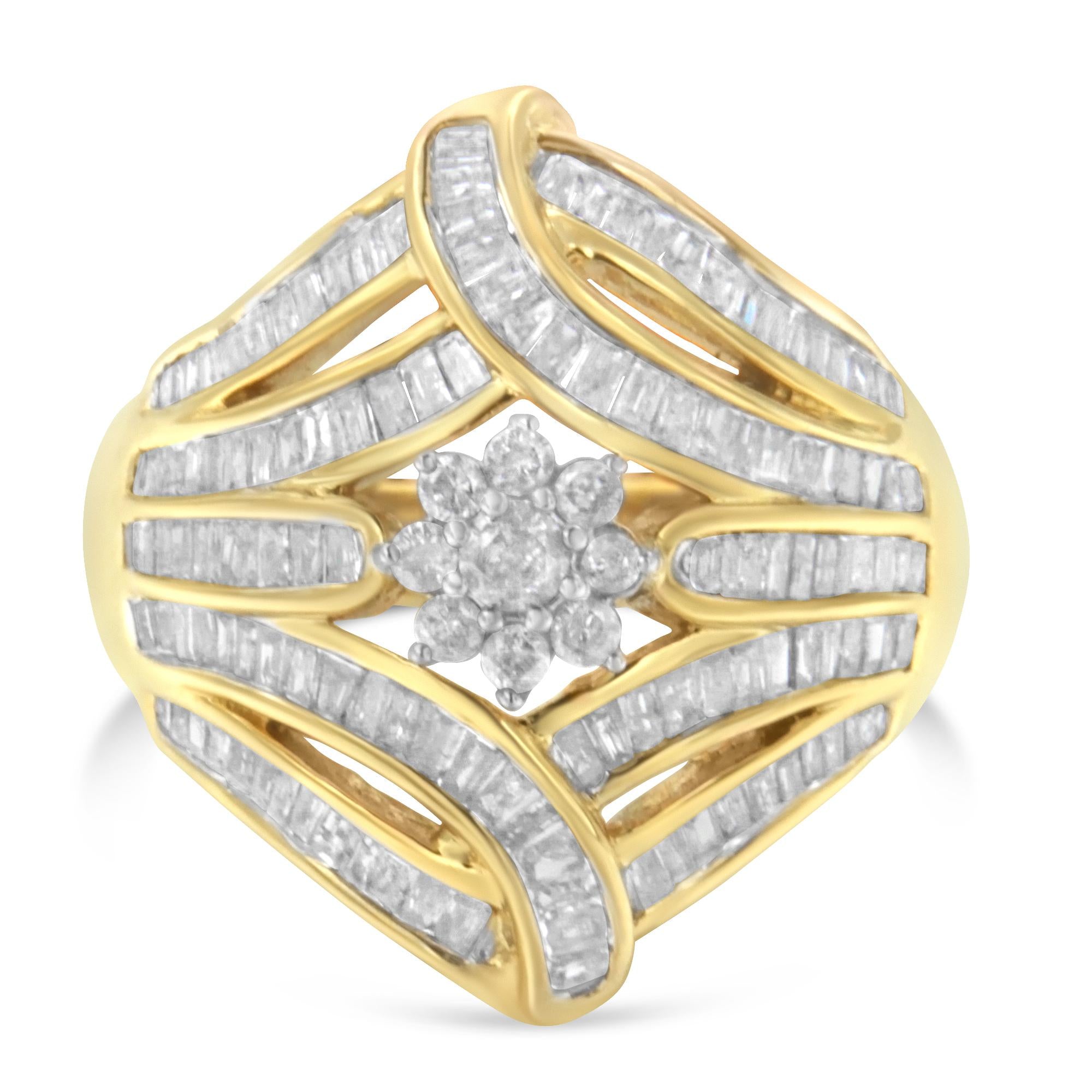 Anillo de cóctel de moda en plata de ley 925 bañada en oro amarillo de 10 quilates con diamantes redondos y baguette de 1 1/8 quilates en forma de flor y helecho (color IJ, claridad I2-I3) - Friggin Jewelry