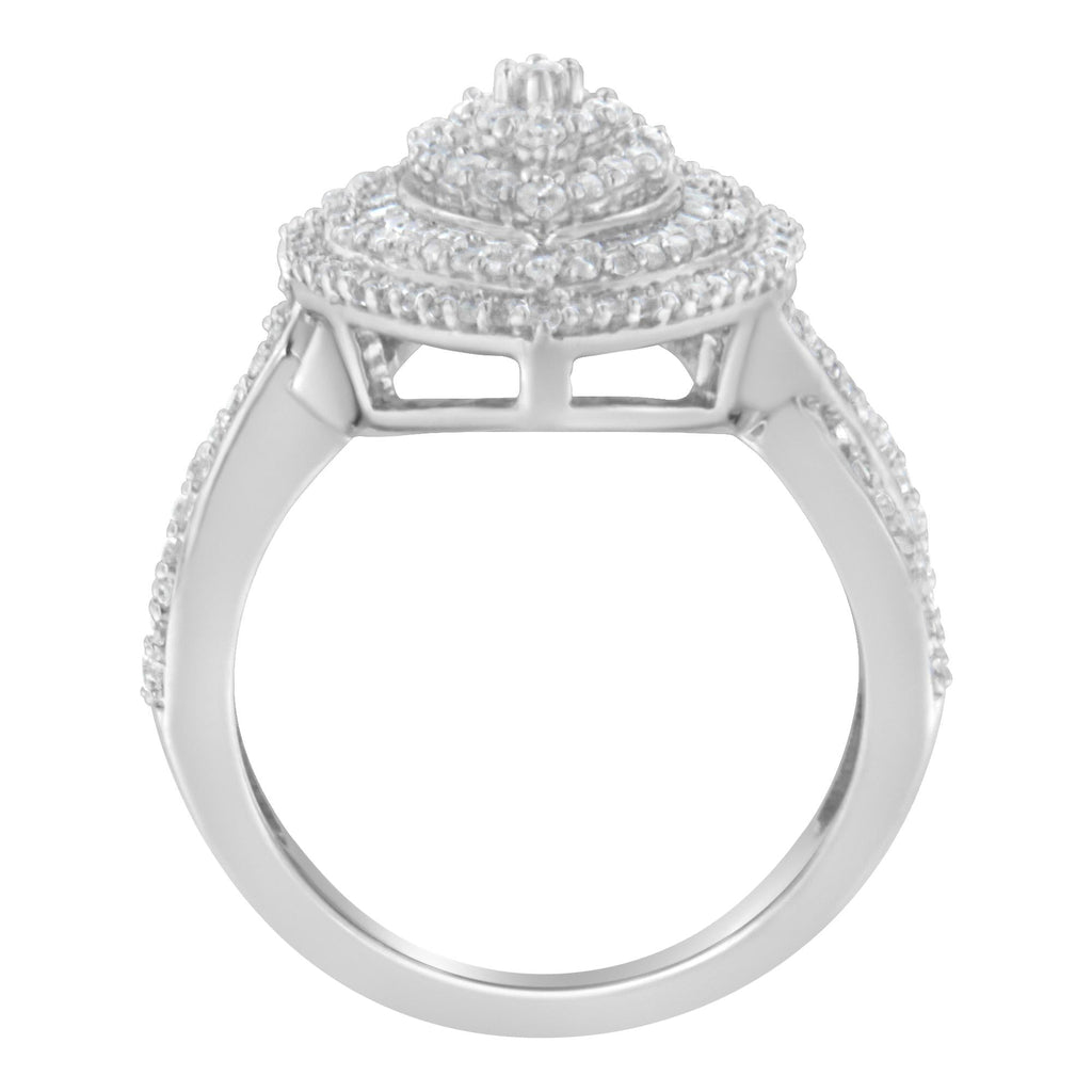.925 Sterling Silver 1.0 Cttw Round & Baguette-Cut Diamond Marquise-Shaped Cluster Triple Stepped Halo Cocktail Fashion Ring (I-J Color, I2-I3 Clarity) - Friggin Jewelry
