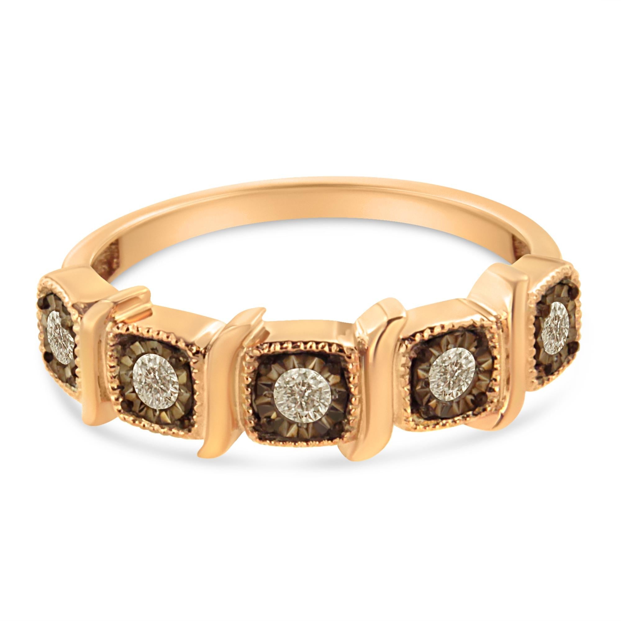 10K Rose Gold Flashed .925 Sterling Silver Miracle-Set 1/4 Cttw Diamond 5-Stone Band Ring  (J-K Color, I1-I2 Clarity) - Friggin Jewelry