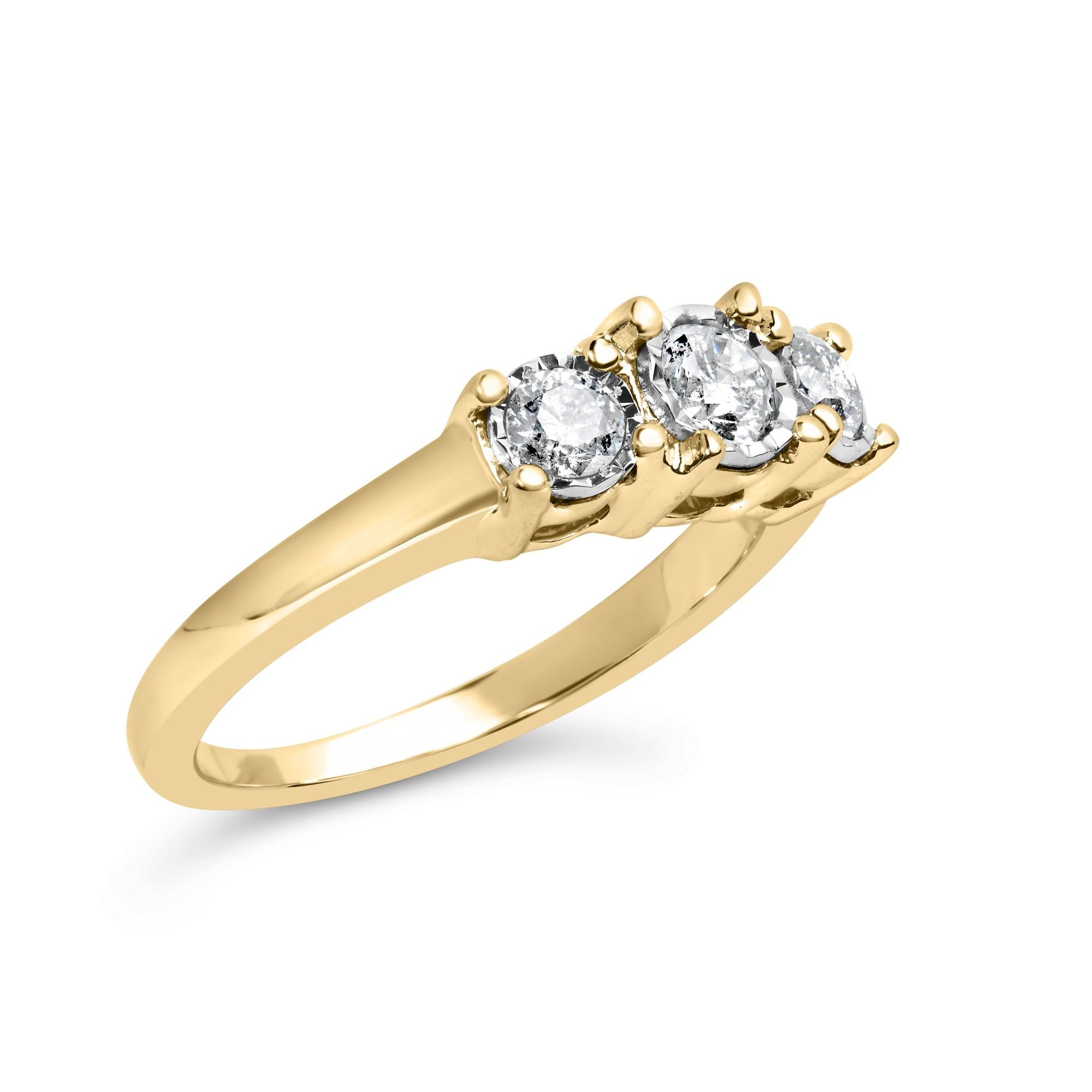10K Yellow Gold 1/2 Cttw Miracle Set Round Diamond Three Stone Illusion Plate Ring (I-J Color, I2-I3 Clarity) - Friggin Jewelry