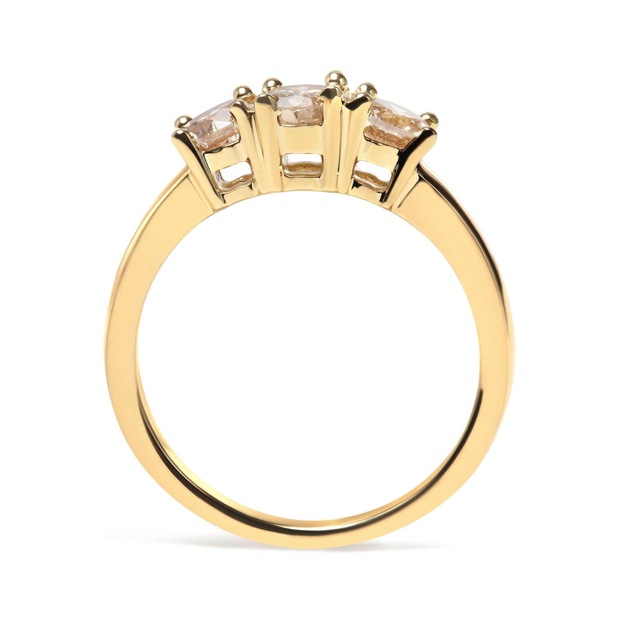 10K Yellow Gold 1.00 Cttw Champagne Diamond 3-Stone Band Ring (J-K Color, I1-I2 Clarity) - Friggin Jewelry
