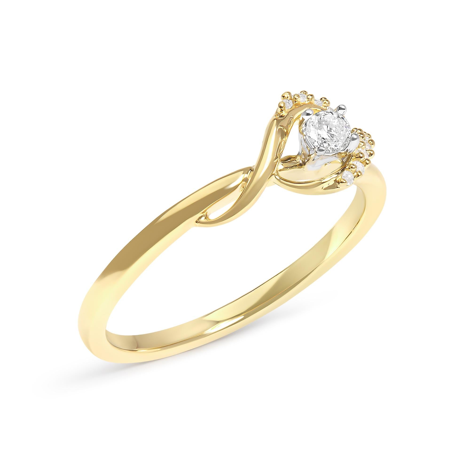 14K Yellow Gold Flash Plated .925 Sterling Silver 1/6 Cttw Diamond Swirl and Halo Promise Ring (I-J Color, I3 Clarity) - Friggin Jewelry