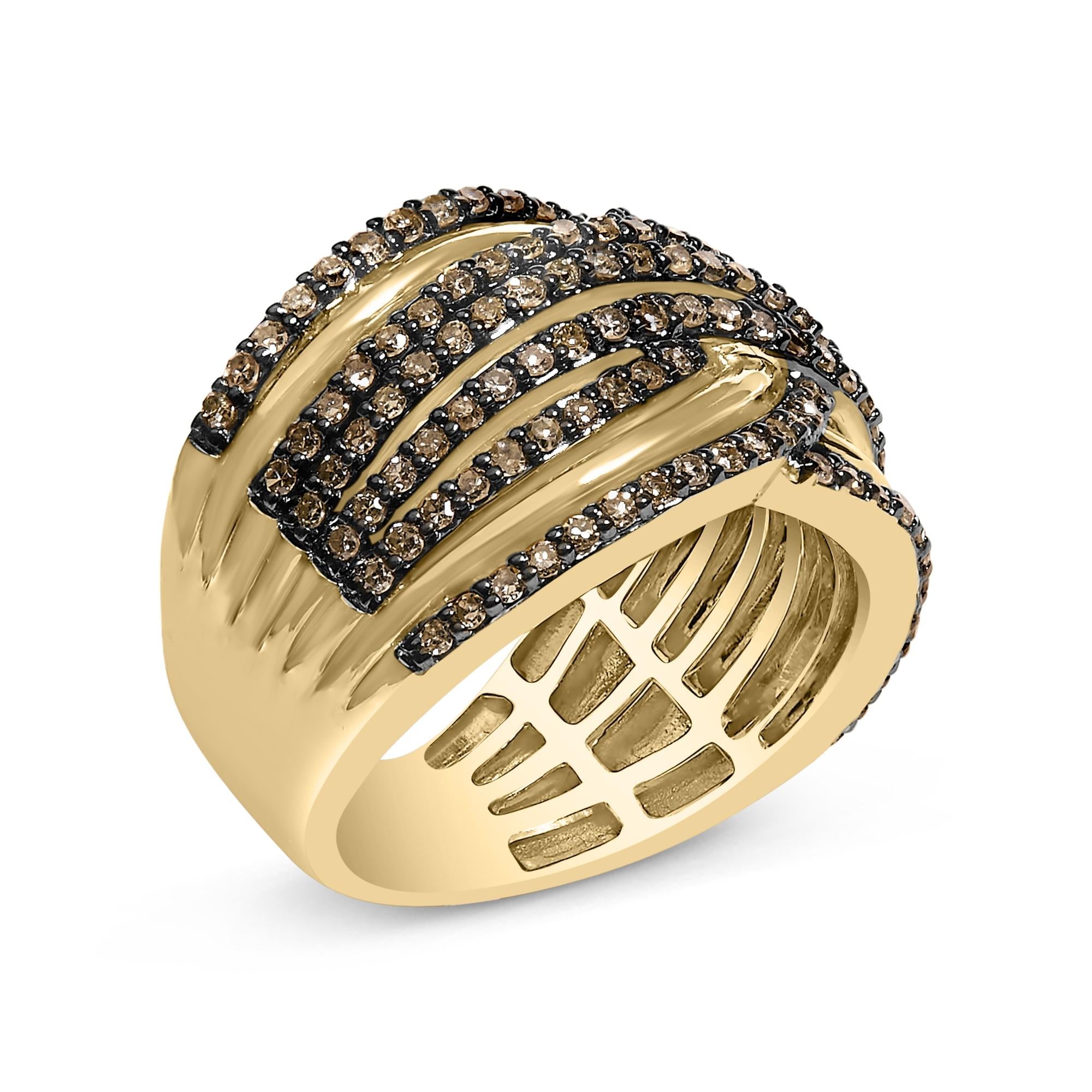 10K Yellow Gold Plated .925 Sterling Silver 1.0 Cttw Champagne Diamond Multi Row Cross Over Band Ring - Friggin Jewelry