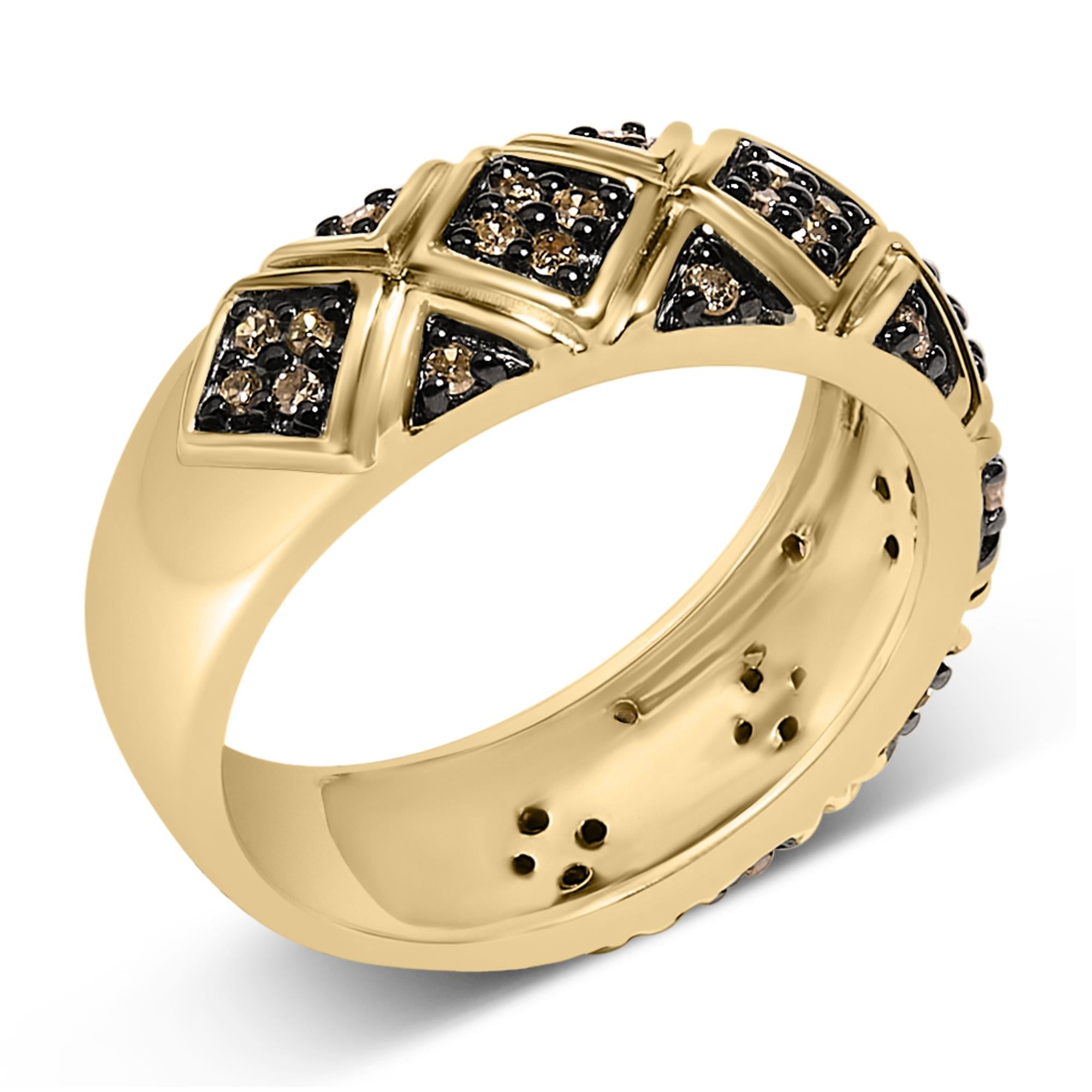 10K Yellow Gold Plated .925 Sterling Silver 3/8 Cttw Champagne Diamond Geometric Style Band Ring - Friggin Jewelry