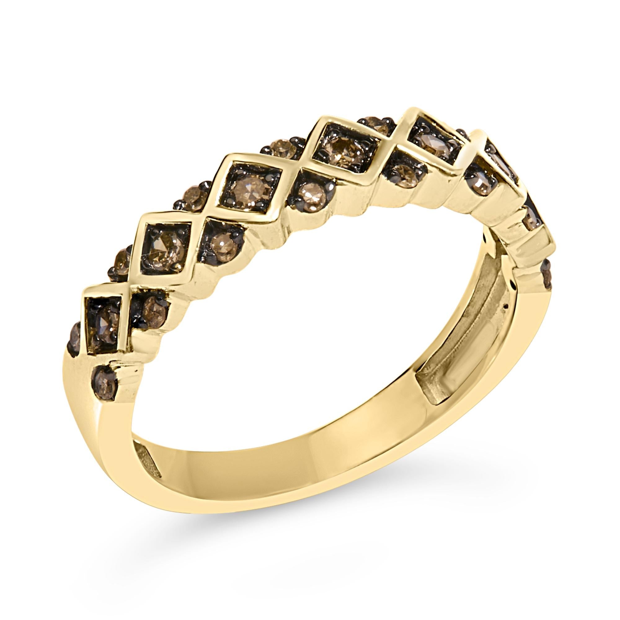 Anello geometrico in argento sterling 925 placcato oro giallo 10K con diamanti champagne da 1/4 carati - Friggin Jewelry