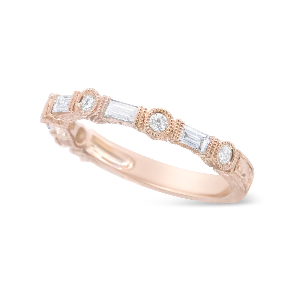 Anello nuziale in oro rosa 14 carati con diamanti taglio baguette e taglio rotondo da 3/8 ct - (colore HI, purezza VS1-VS2) - Friggin Jewelry