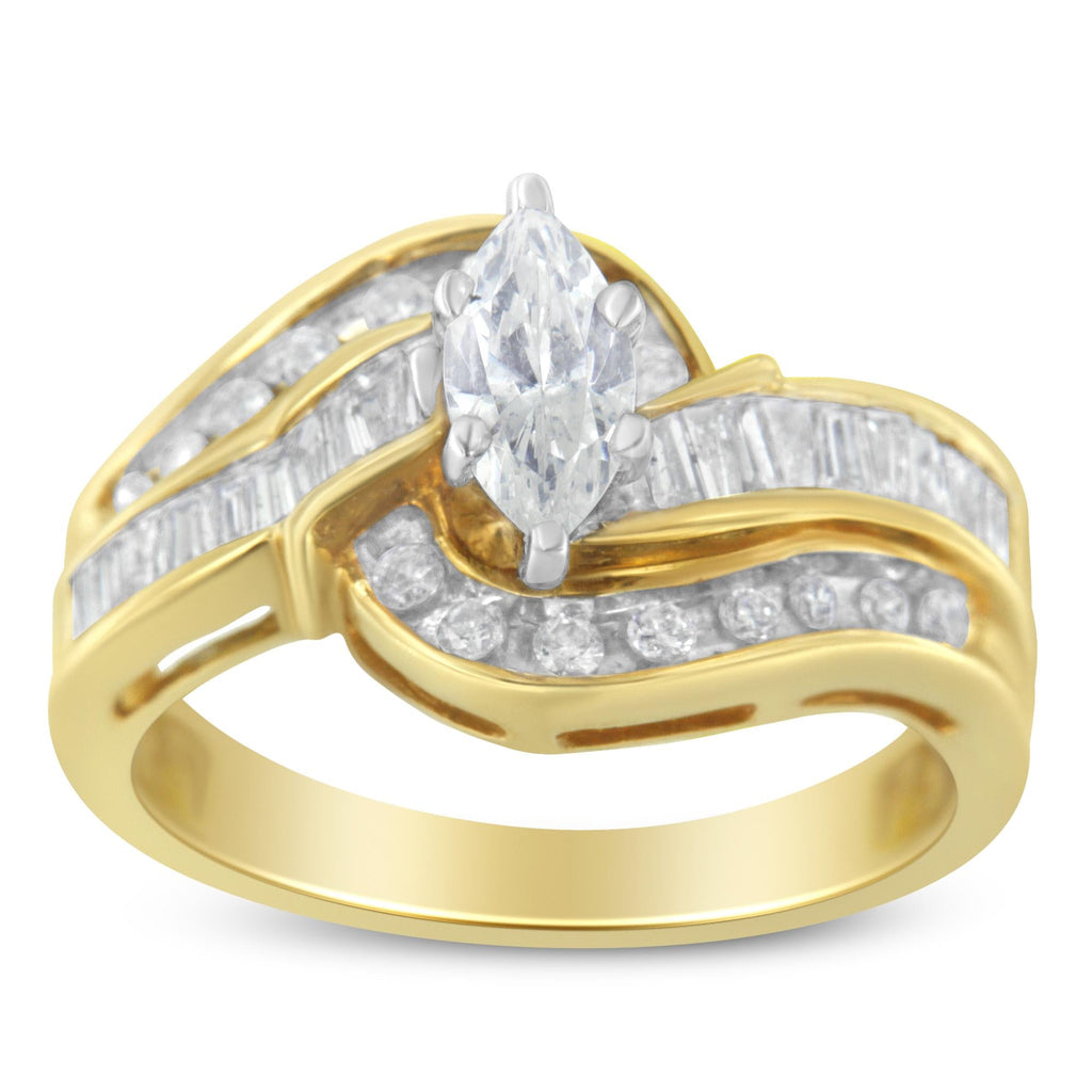 14KT Two-Toned Gold Marquise, Baguette and Round Cut Diamond Bypass Ring (1 cttw, H-I Color, SI1-SI2 Clarity) - Friggin Jewelry