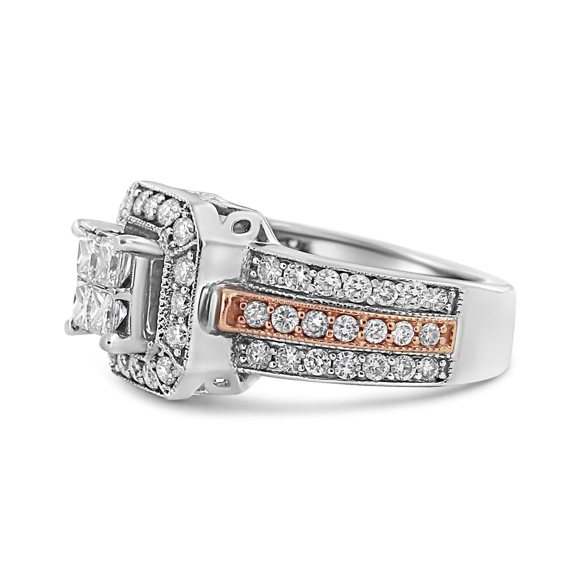 14K White and Rose Gold 1 1/8 Cttw Princess and Round-Cut Diamond Art Deco Style Triple Shank Halo Cocktail Ring (I-J Color, SI2-I1 Clarity) - Friggin Jewelry Premium