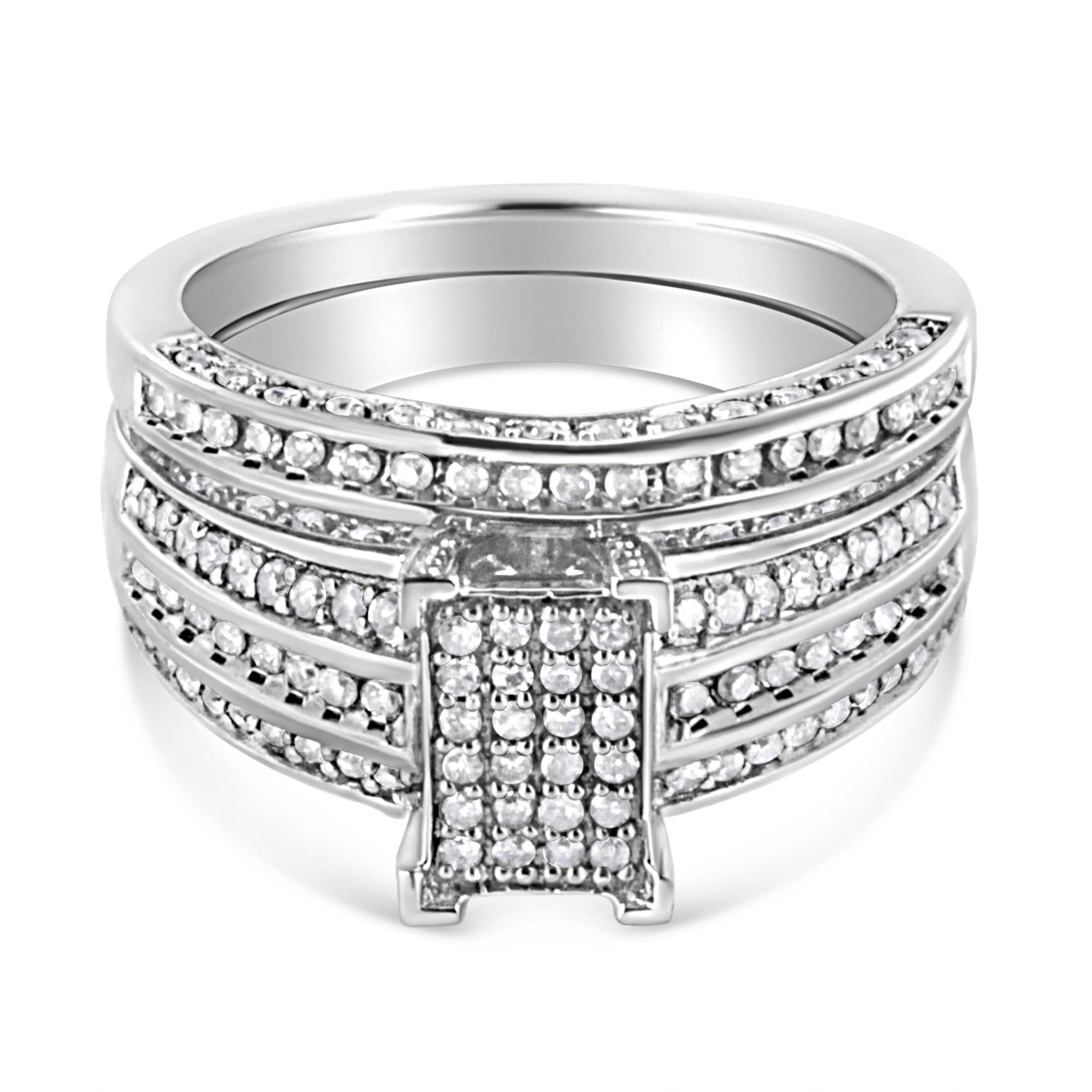 Anillo de compromiso y banda de diamantes redondos engastados en garras de 3/4 quilates en plata de ley 925 (color IJ, claridad I3) - Friggin Jewelry