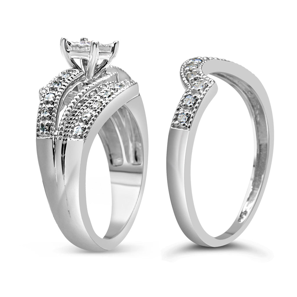.925 Sterling Silver 1/3 Cttw Round Diamond Crisscross Engagement Ring Bridal Set (H-I Color, I1-I2 Clarity ) - Friggin Jewelry