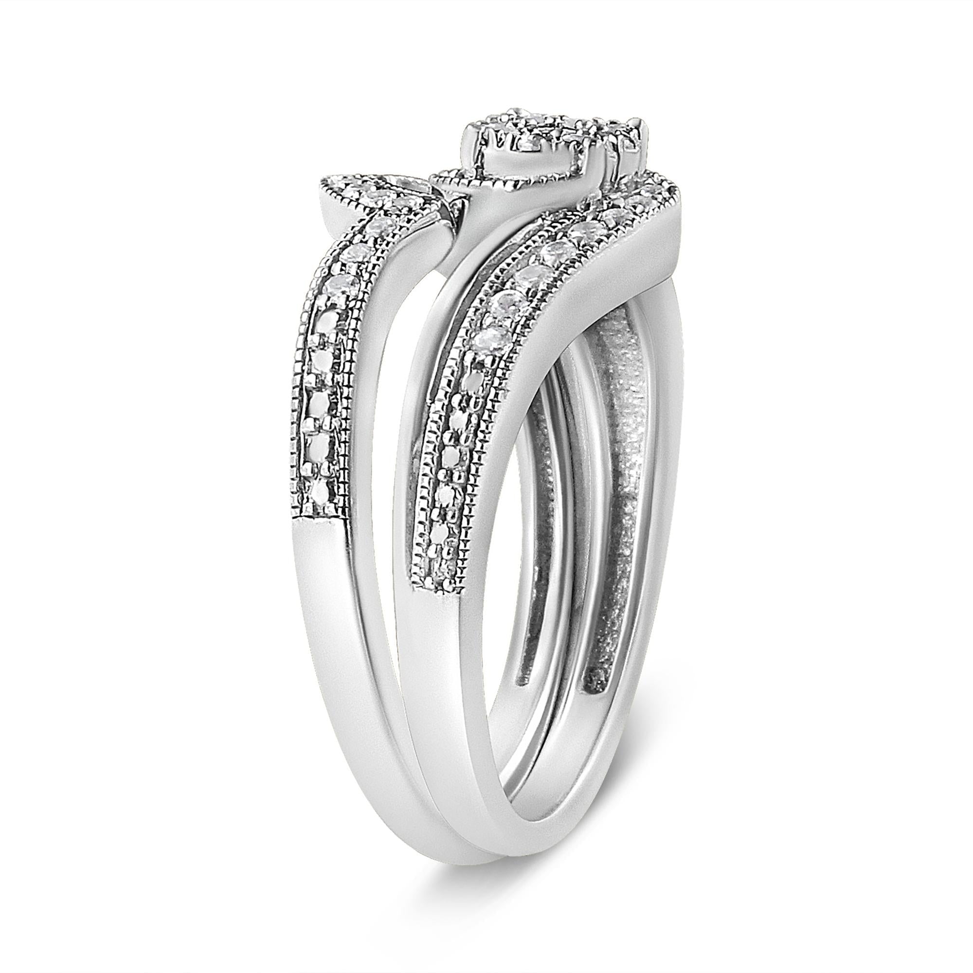 .925 Sterling Silver 1/3ct Cttw Multi-Diamond Bypass Vintage-Style Bridal Set Ring and Band (I-J Color, I3 Clarity) - Friggin Jewelry