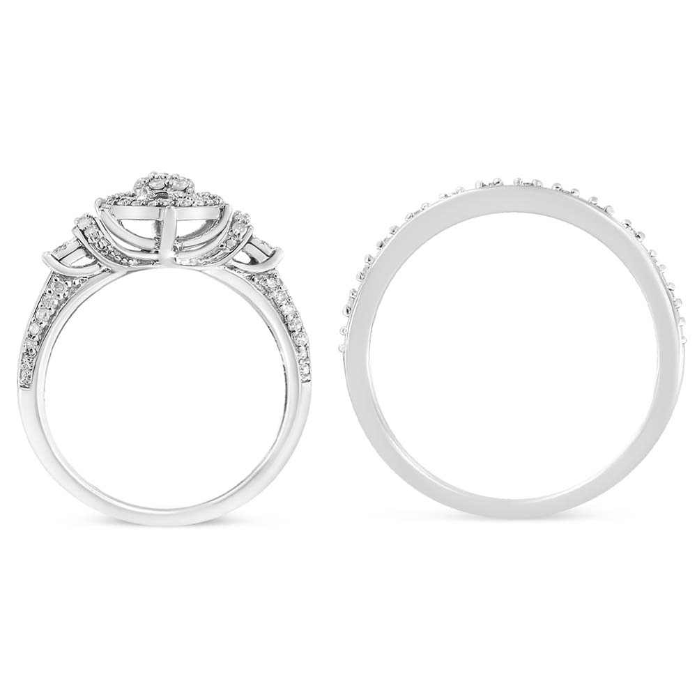 .925 Sterling Silver 1/3 Cttw Diamond 7 Stone Cluster and Halo Engagement Ring and Wedding Band Set (I-J Color, I1-I2 Clarity) - Friggin Jewelry