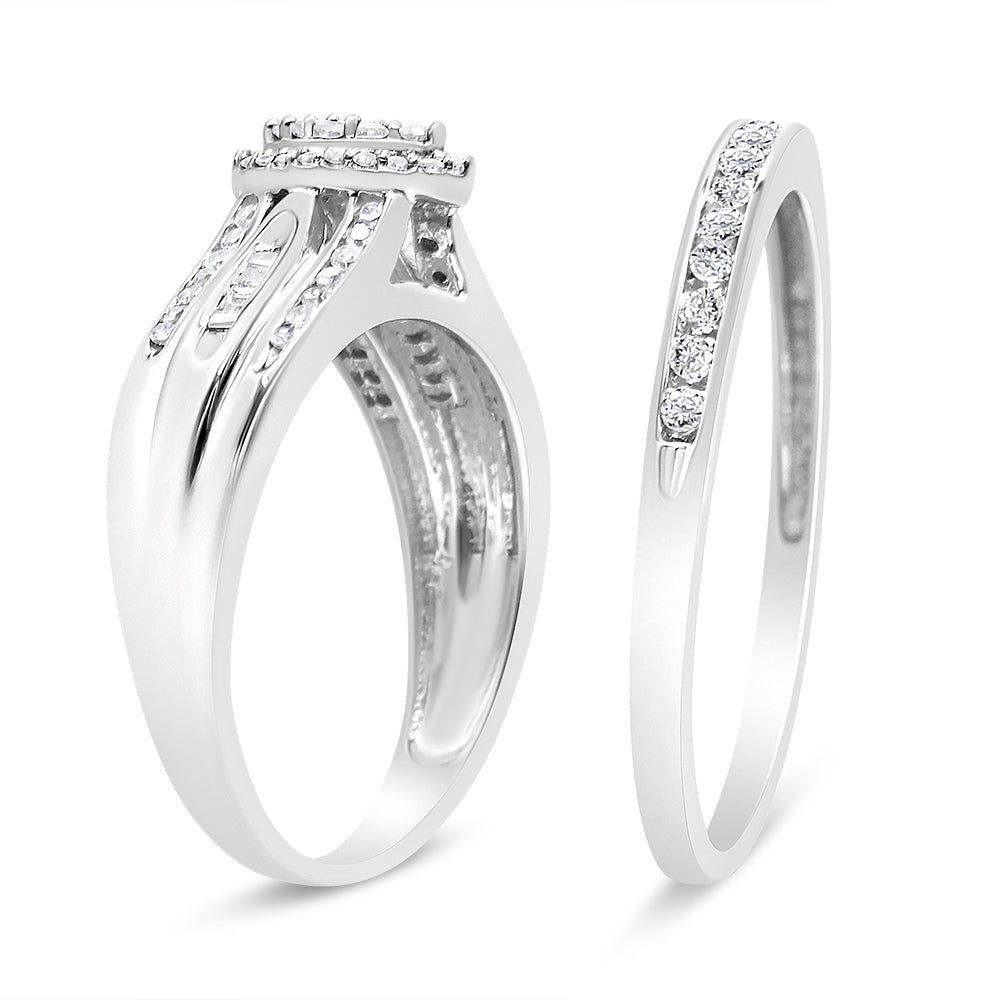 Conjunto de compromiso nupcial con diamantes de talla baguette y redondos de 1/2 quilates en plata de ley 925 (color IJ, claridad I1-I2) - Friggin Jewelry