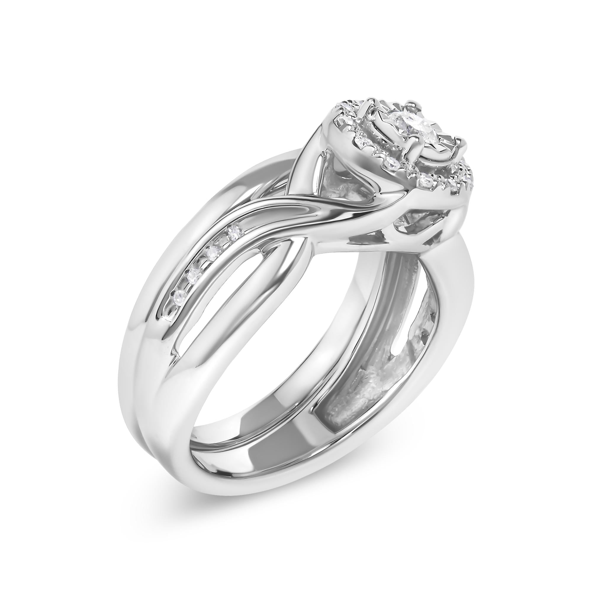 .925 Sterling Silver 1/7 Cttw Diamond Halo Bypass Engagement Ring and Wedding Band Set (I-J Color, I3 Clarity) - Friggin Jewelry