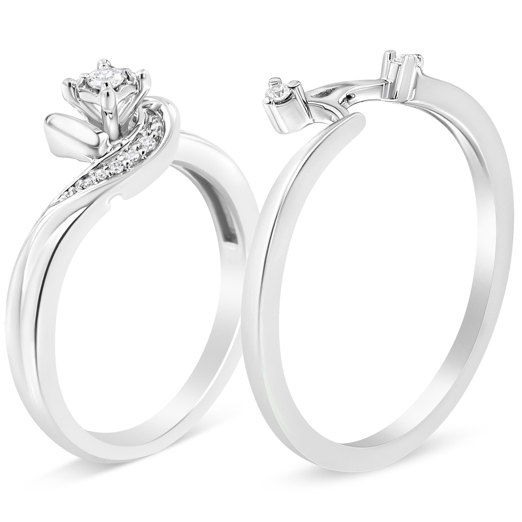.925 Sterling Silver 1/10 Cttw Diamond Swirl and Bypass Bridal Set Ring and Band (I-J Color, I3 Clarity) - Friggin Jewelry