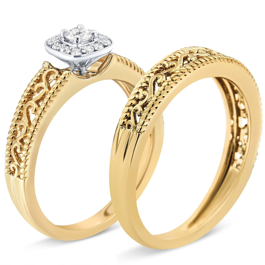 14K Yellow Gold Plated .925 Sterling Silver 1/5 Cttw Diamond Halo and Milgrain Finish Engagement Ring Bridal Set (I-J Color I3 Clarity) - Friggin Jewelry