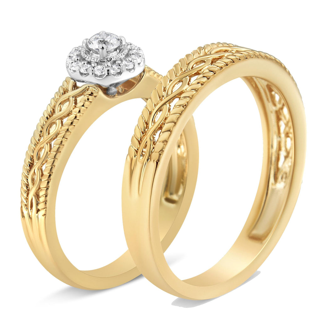 14K Yellow Gold Plated .925 Sterling Silver 1/5 Cttw Diamond Halo Engagement Ring and Wedding Band Set (I-J Color, I3 Clarity) - Friggin Jewelry