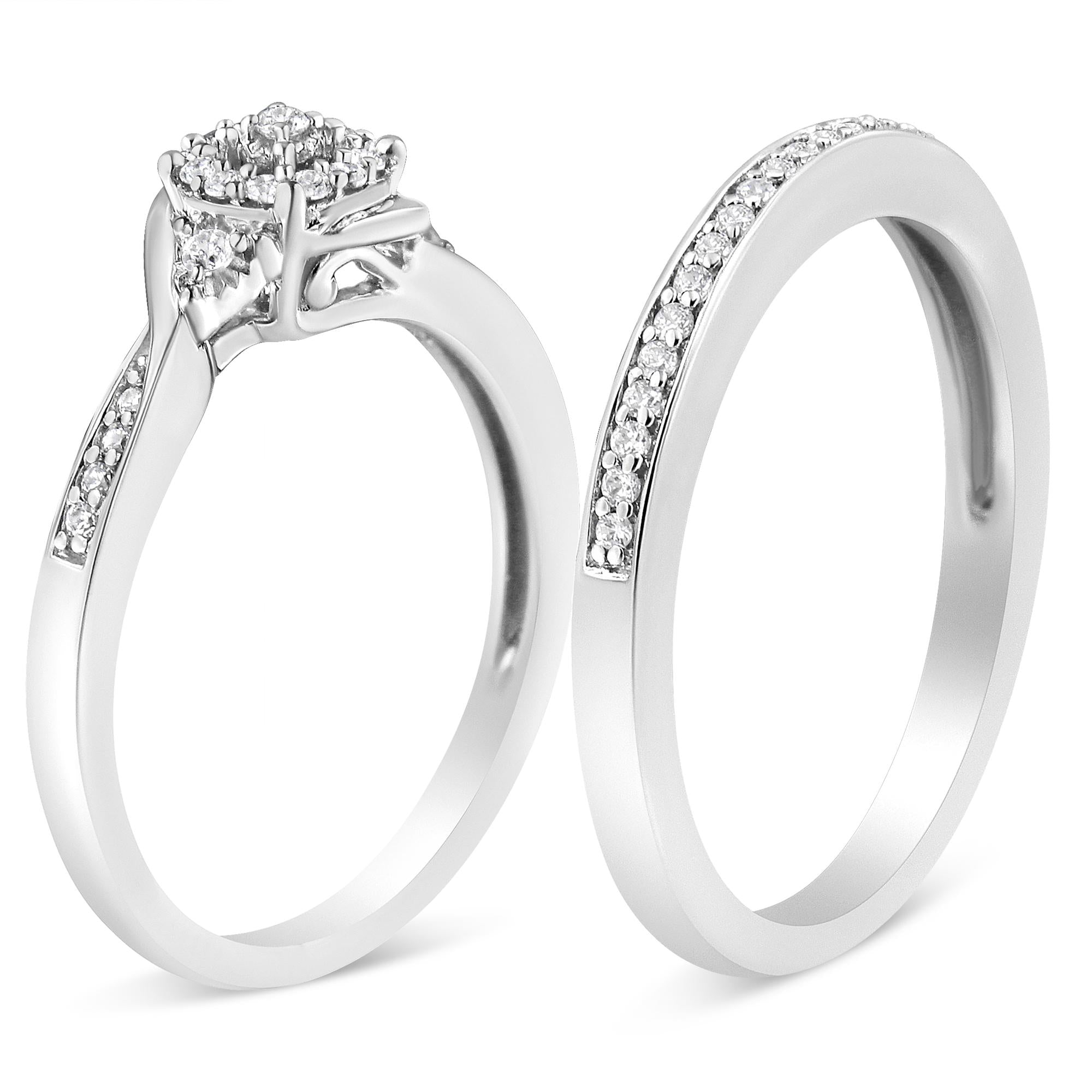 Anillo de compromiso y alianza de boda en plata de ley 925 con halo de diamantes de 1/4 quilates y espiral (color IJ, claridad I3) - Friggin Jewelry
