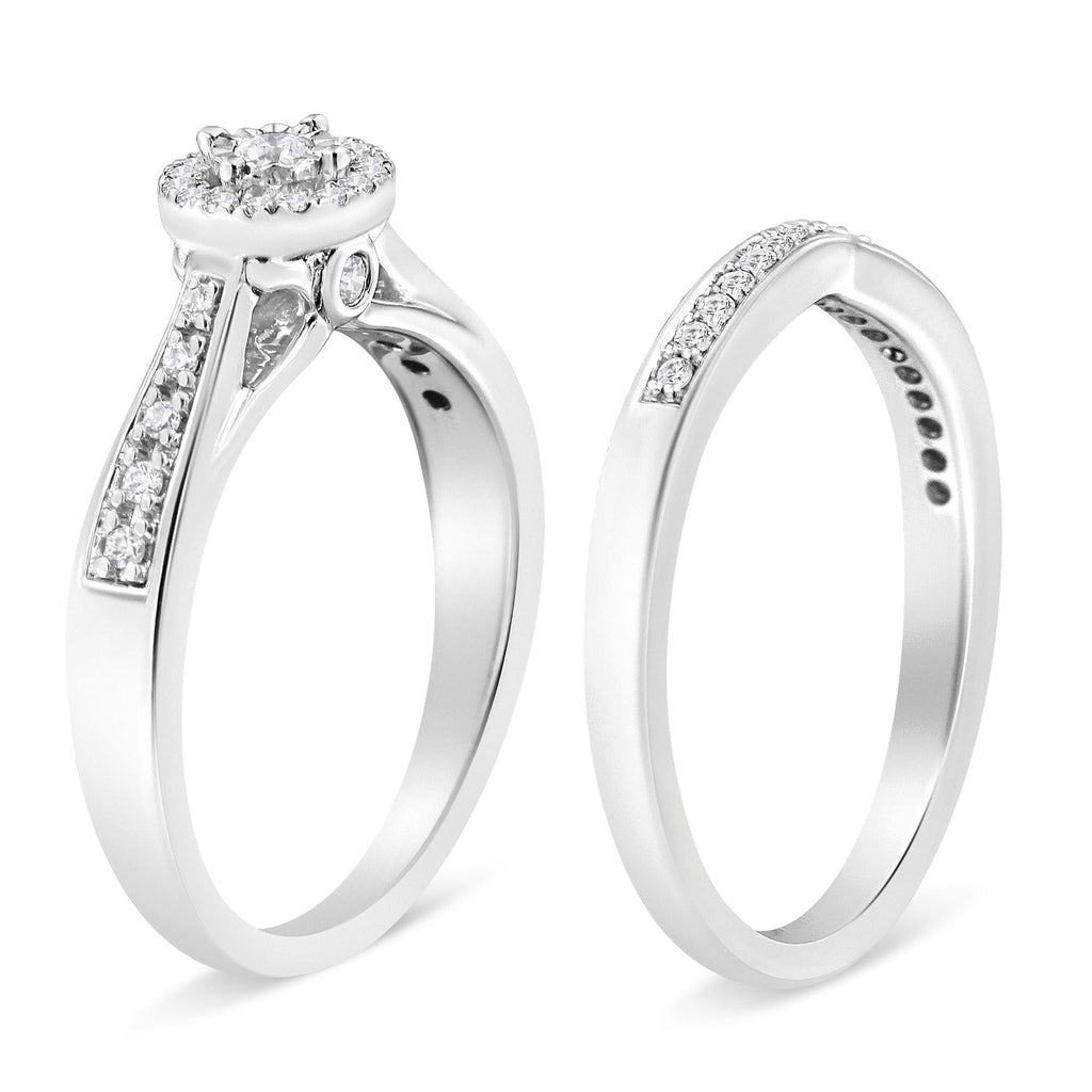 .925 Sterling Silver 1/3 Cttw Diamond Halo and Pave Shank Engagement Ring Set (I-J Color, I3 Clarity) - Friggin Jewelry