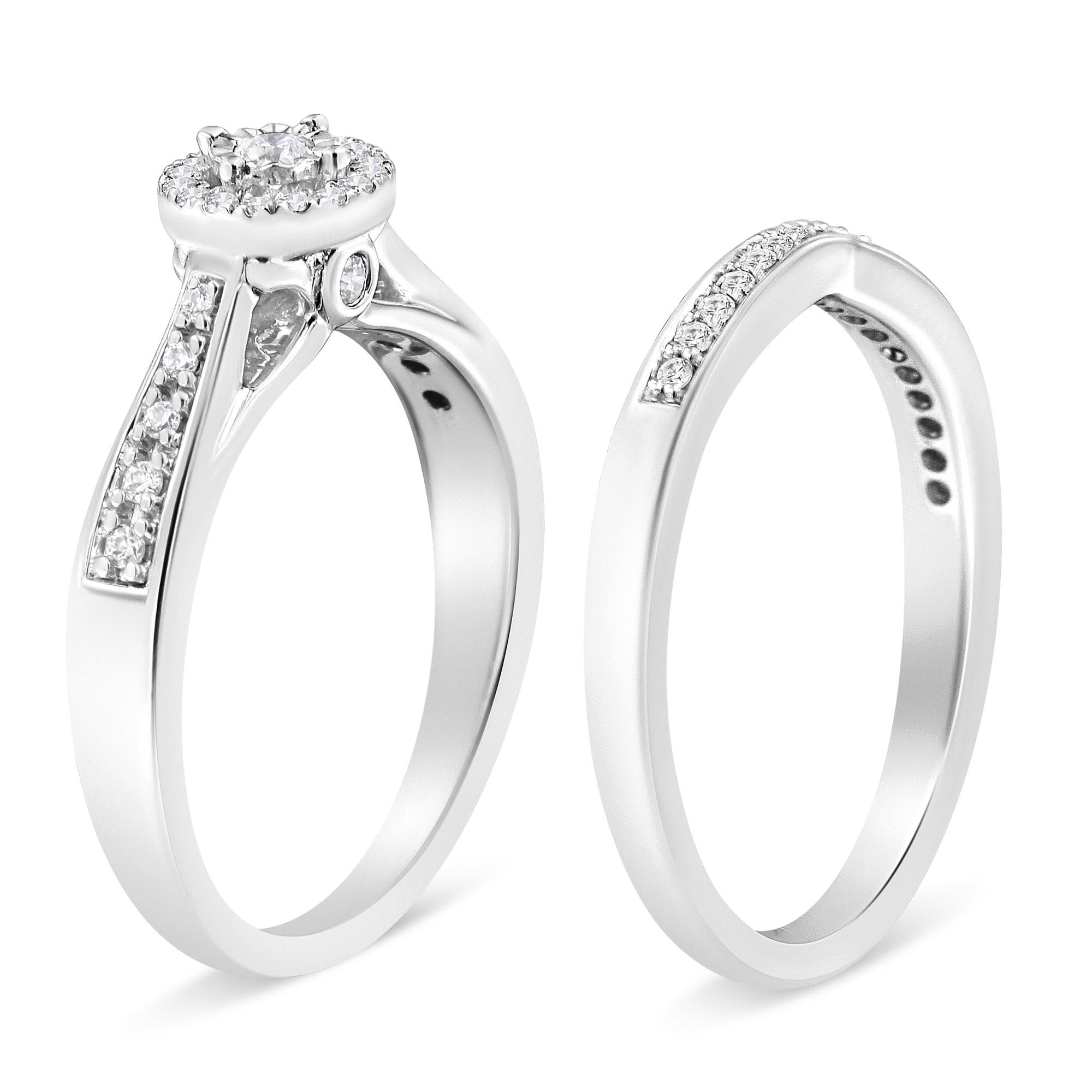.925 Sterling Silver 1/3 Cttw Diamond Halo and Pave Shank Engagement Ring Set (I-J Color, I3 Clarity) - Friggin Jewelry