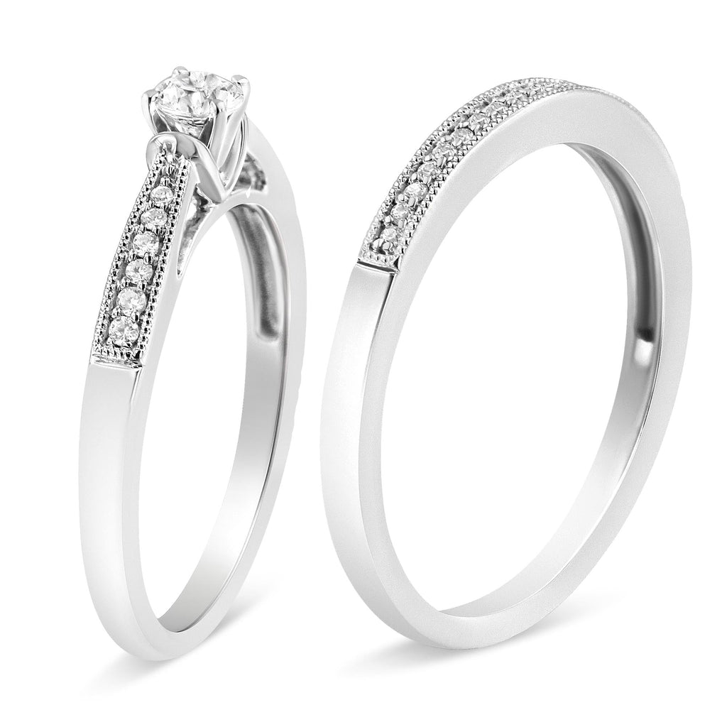 .925 Sterling Silver 1/3 Cttw Diamond Classic Engagement Ring Bridal Set with Milgrain (I-J Color, I3 Clarity) - Friggin Jewelry