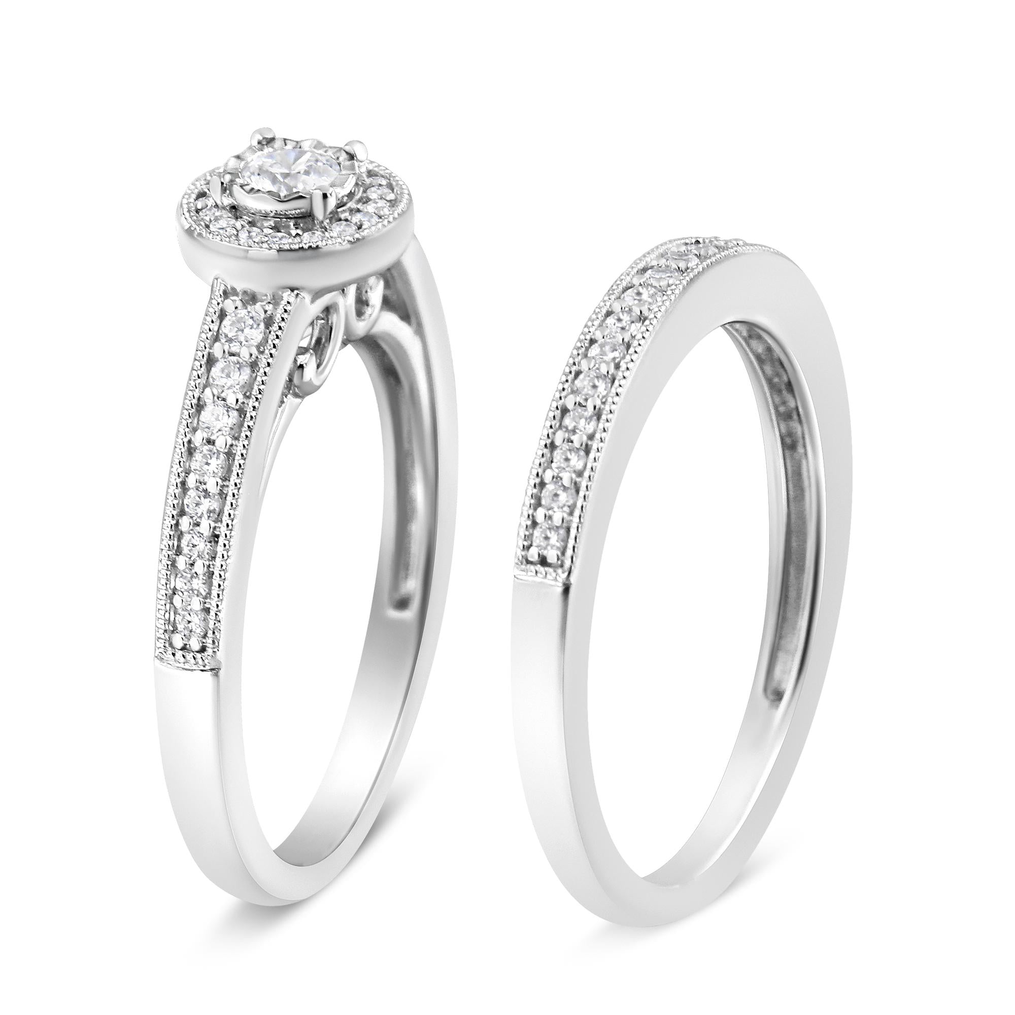 .925 Sterling Silver 1/2 Ctw Diamond Halo and Milgrain Engagement Ring Bridal Set (I-J Color, I3 Clarity) - Friggin Jewelry