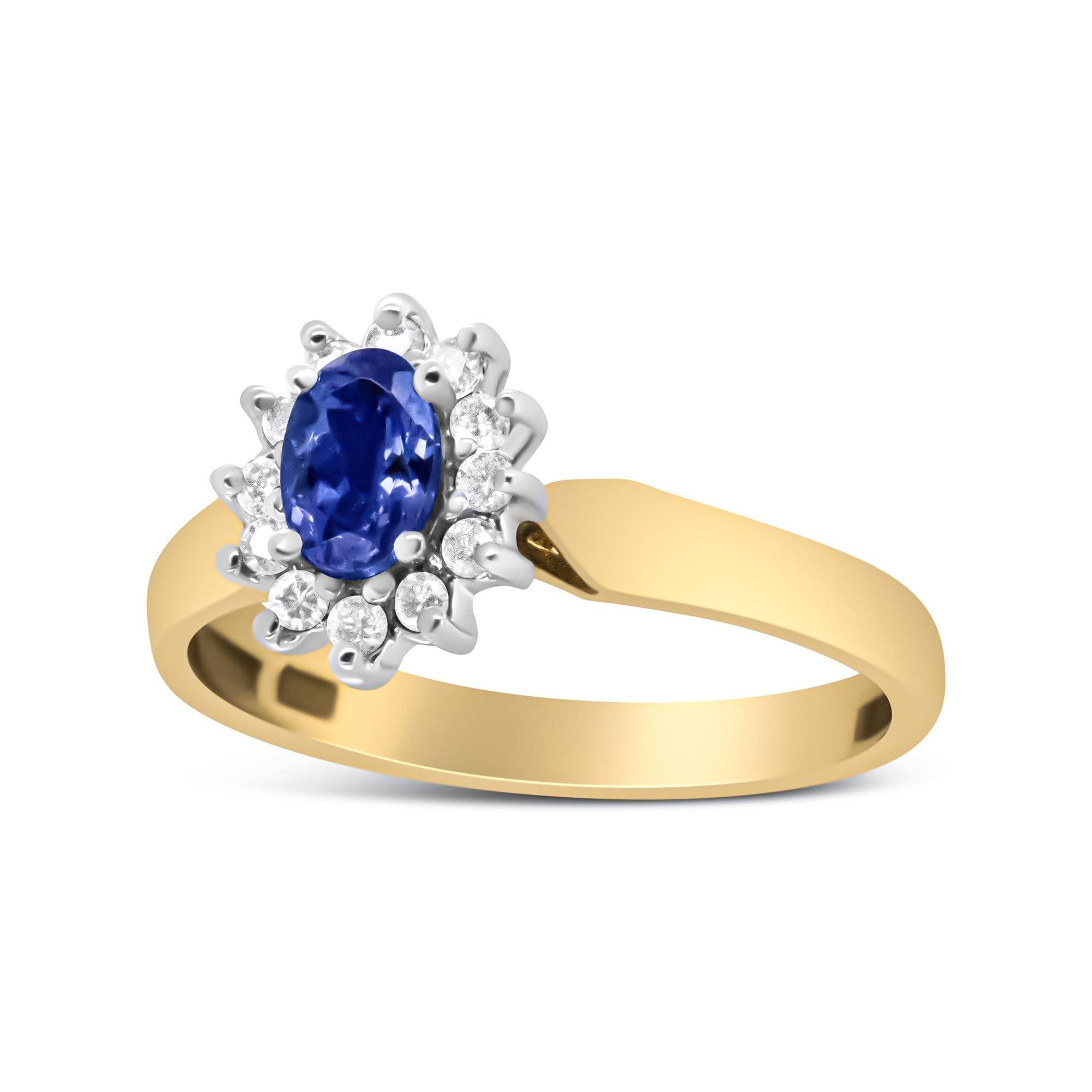 14K Yellow Gold 1/5 Cttw Round Diamond and 6x4mm Oval Blue Tanzanite Halo Ring (H-I Color, I1-I2 Clarity) - Friggin Jewelry