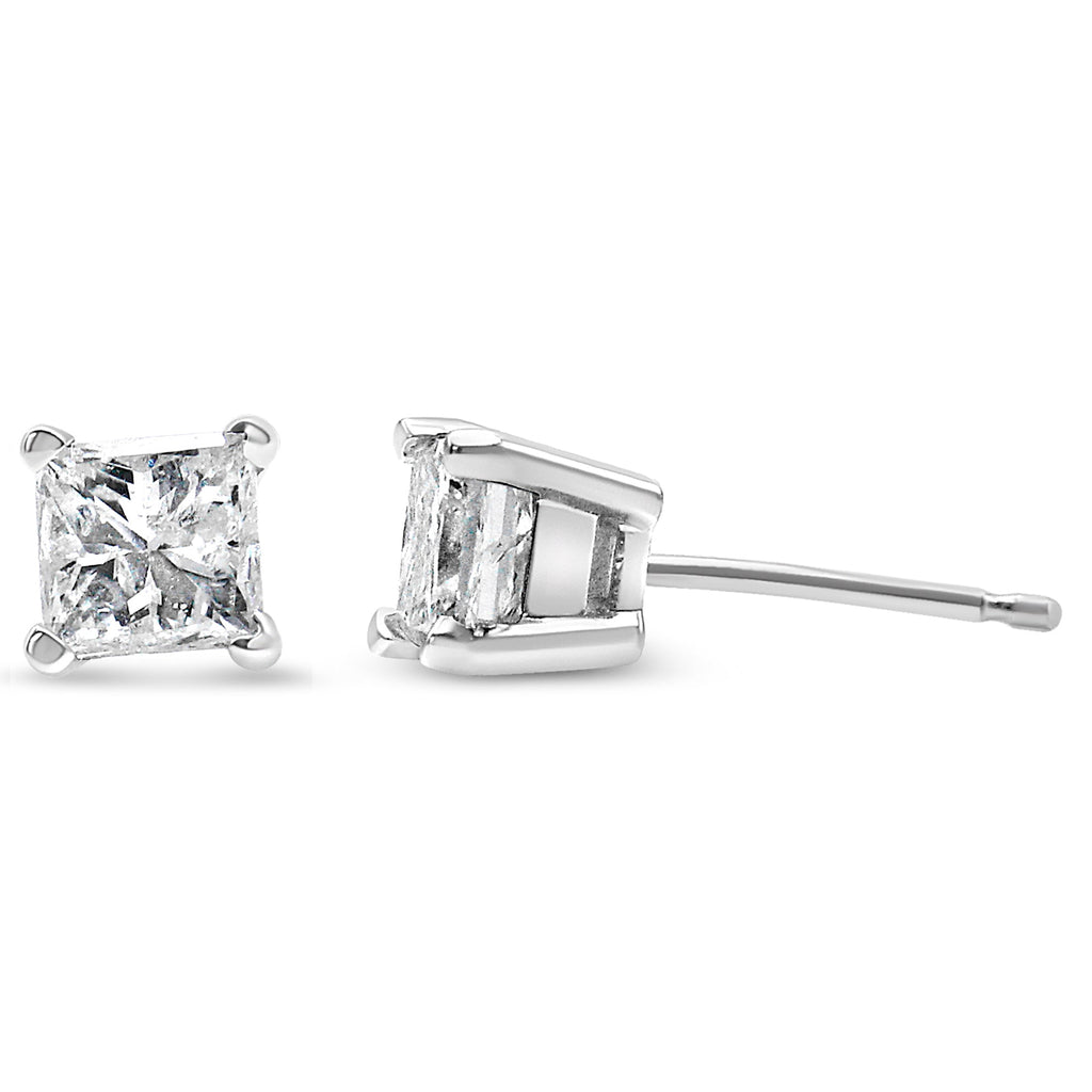 AGS Certified Princess-Cut Square Diamond 4-Prong Solitaire Stud Earrings in 14K Gold (J-K Color, I1-I2 Clarity) - Friggin Jewelry Premium