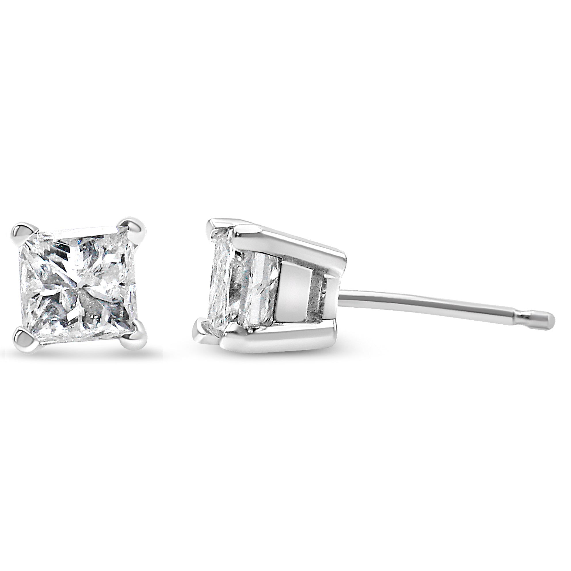 AGS Certified Princess-Cut Square Diamond 4-Prong Solitaire Stud Earrings in 14K Gold (J-K Color, I1-I2 Clarity) - Friggin Jewelry Premium