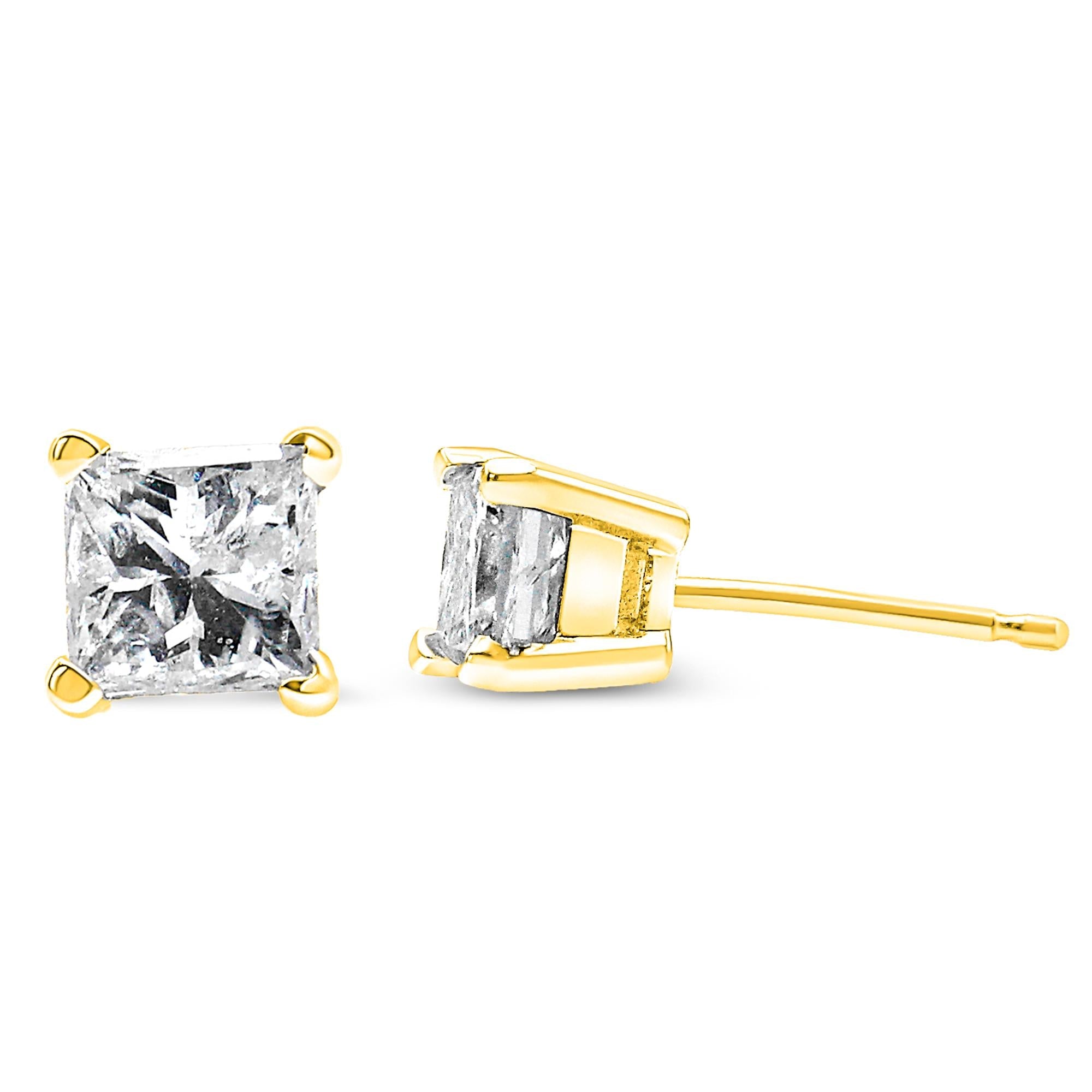 14K Yellow Gold 1/5 Cttw Princess-Cut Diamond Petite Classic Square Stud Earrings (I-J Color, I3 Clarity) - Friggin Jewelry